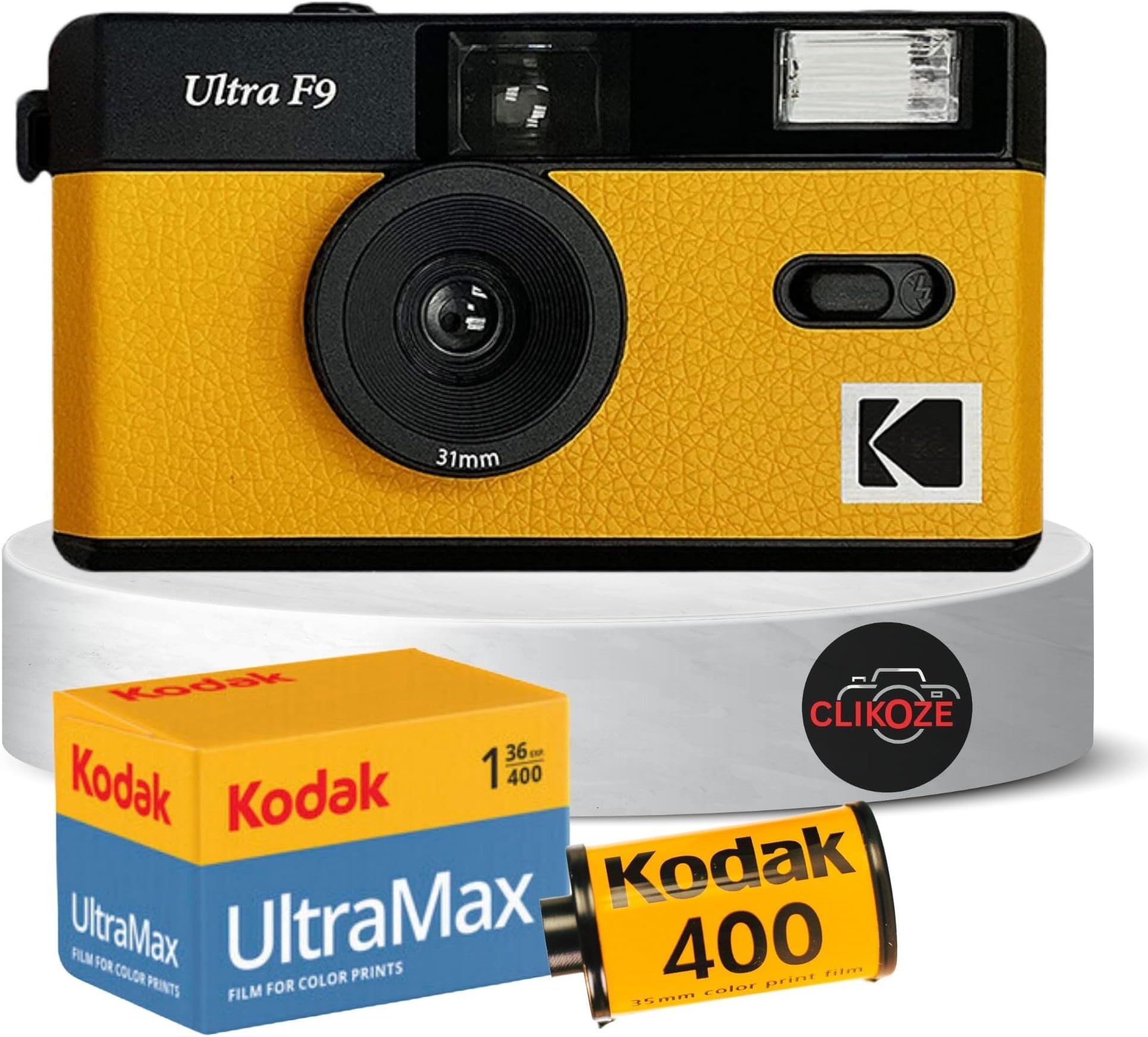 Reusable Film Camera Bundle includes a Yellow Kodak Ultra F9 Film