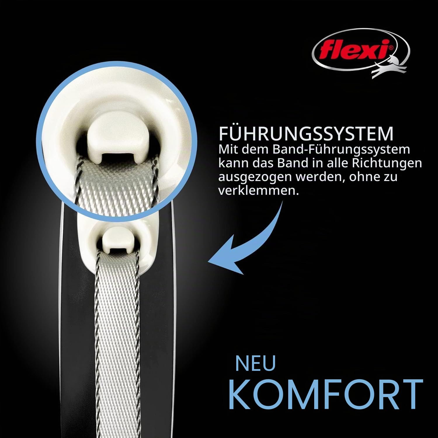 Flexi New Comfort einziehbare Hundeleine (Klebeband), ergonomisch, langlebig und verhedderungsfrei, für Hunde bis zu 11,8 kg, 3 m, Größe XS, Grau/Schwarz