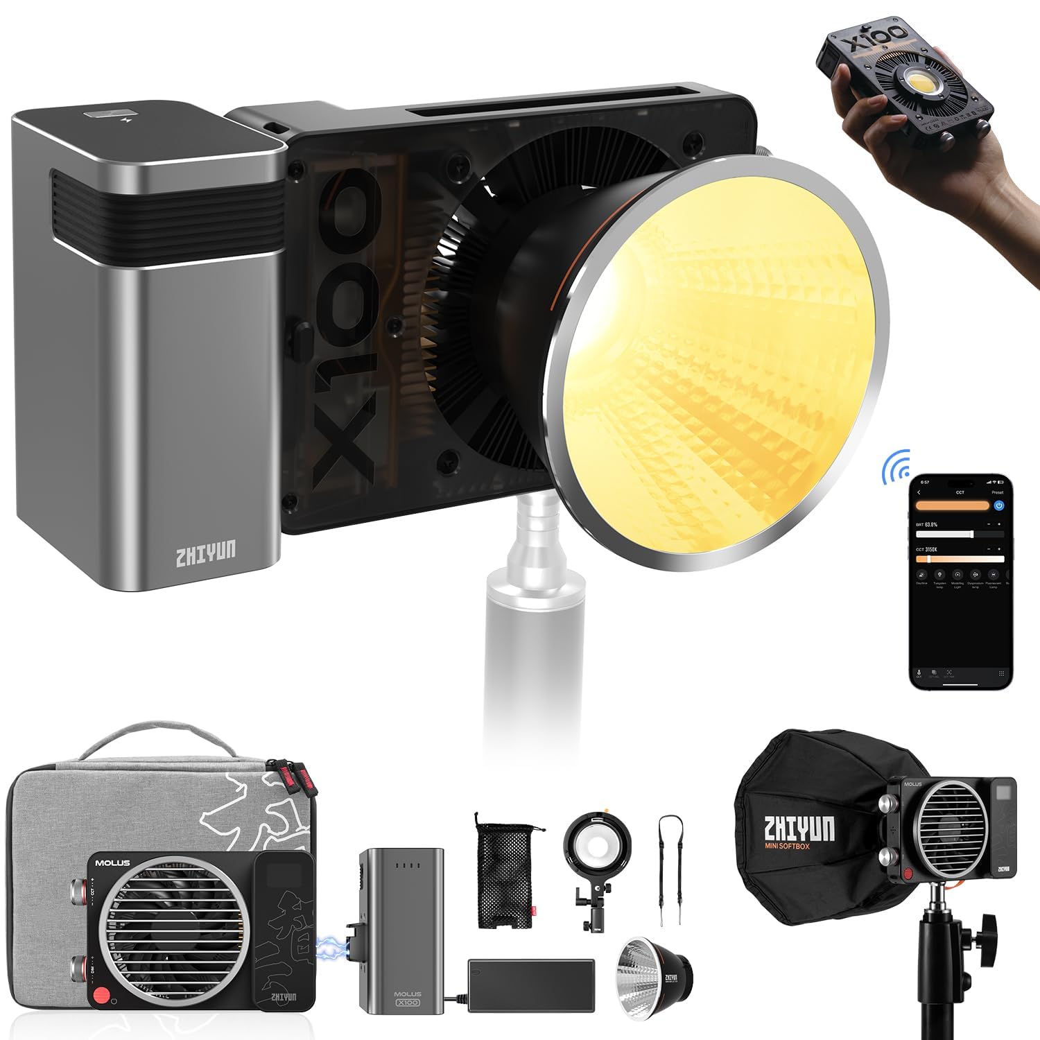 ZHIYUN MOLUS X100 PRO V2 Upgraded Version LED Video Light, Portable 100W 2700K-6500K CRI 95+ TLCI 97+ Bluetooth Brightness Control Continuous Output Lighting for Photography Studio Light-image-5