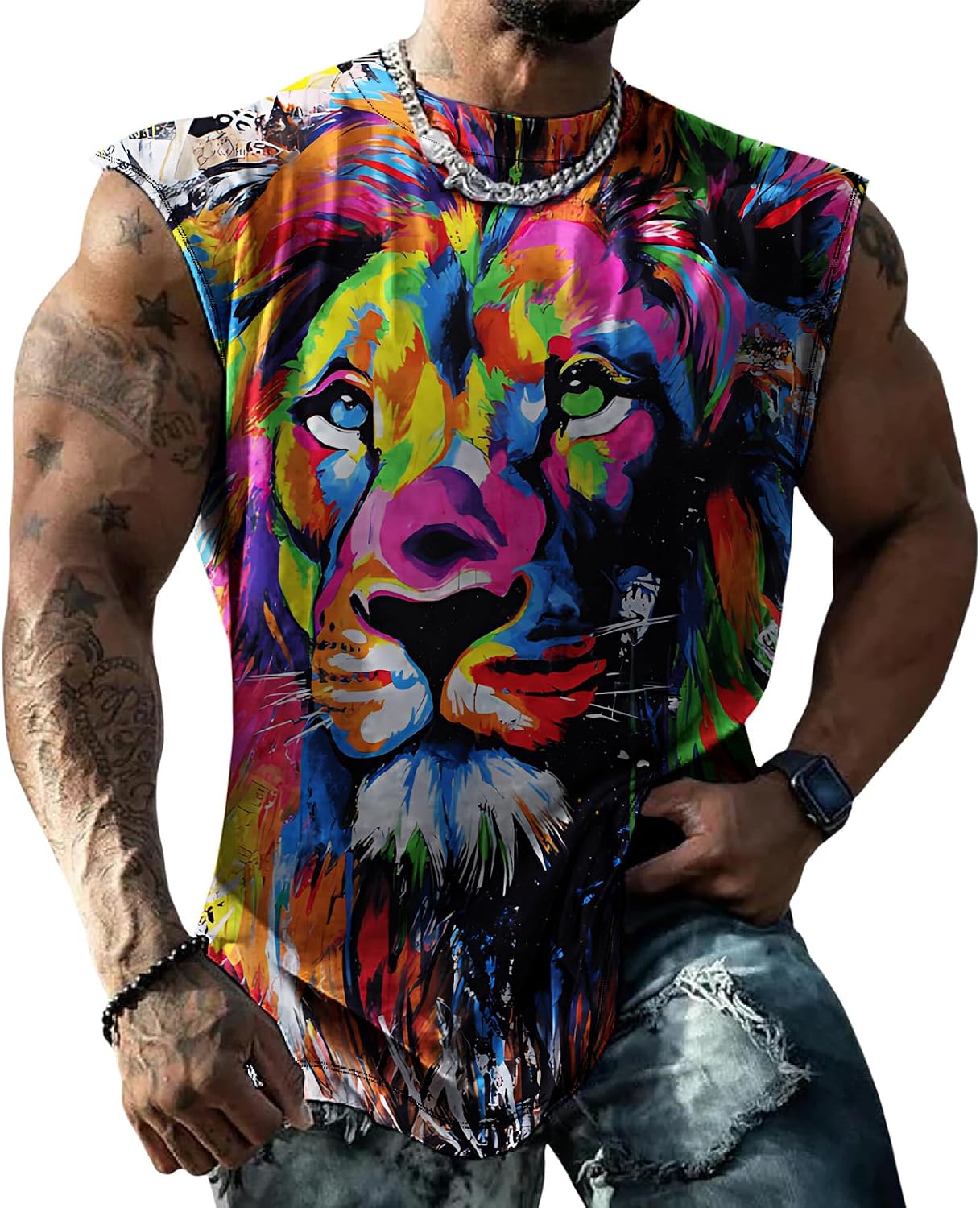 Men's Sleeveless Tank Top with Vibrant Animal Graphic Print Muscle Shirt for Gym Fitness and Streetwear