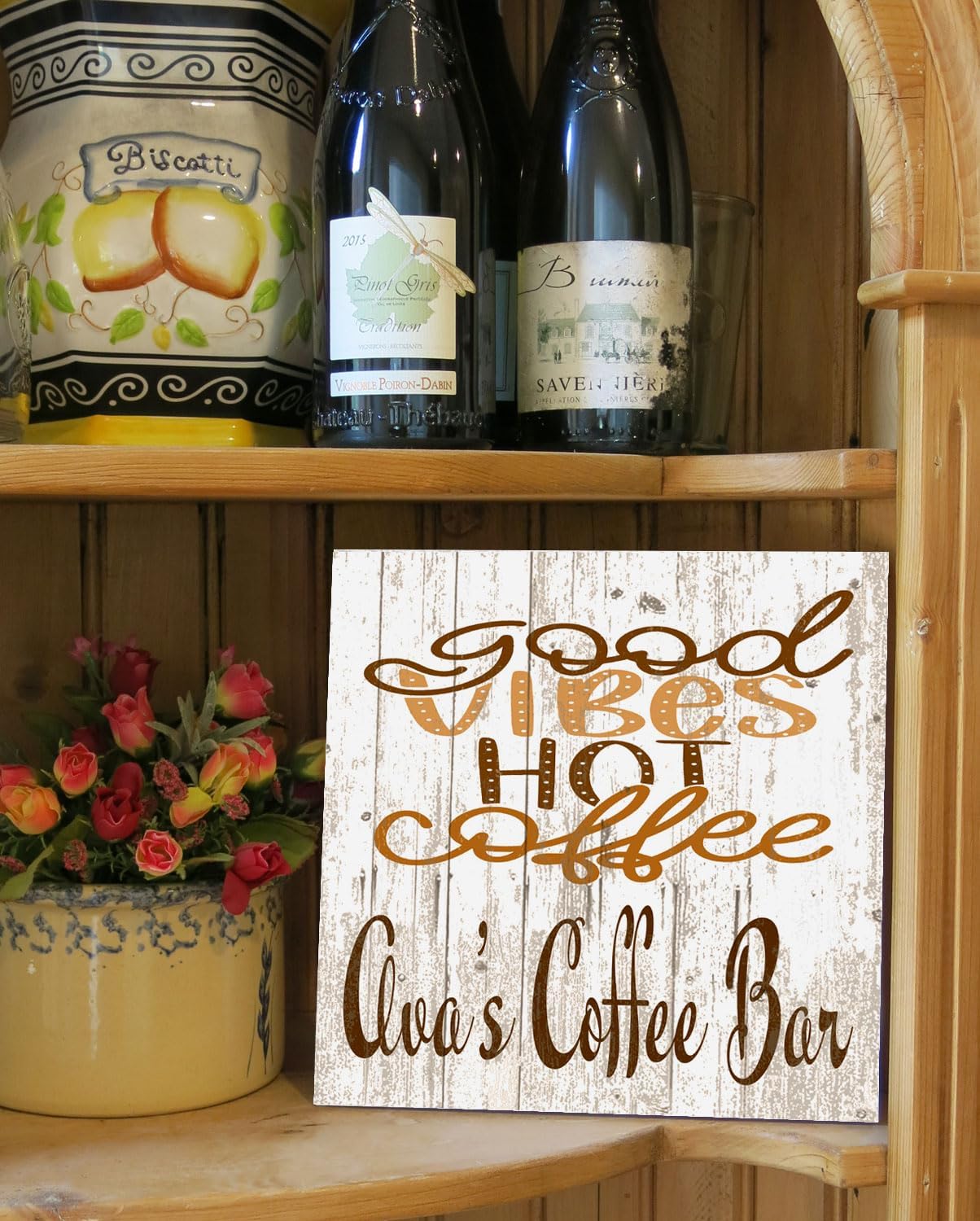 Custom Coffee Bar Sign for Kitchen or Coffee Bar PERSONALIZED Name Wood Wall Decor for Kitchen, Coffee Bar, Home, Office - Solid Wood - 10.5in x 10.5in (Good Vibes Hot Coffee)