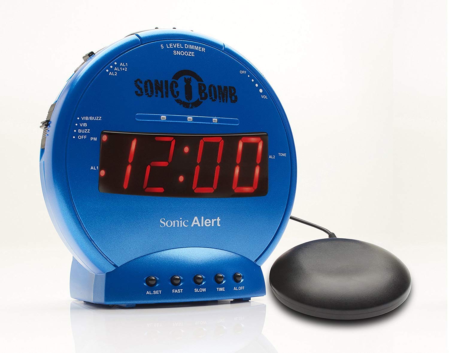 Sonic Alert Sonic Bomb Dual Alarm Clock with Bed Shaker Blue Vibrating Alarm Clock Heavy Sleepers Battery Backup