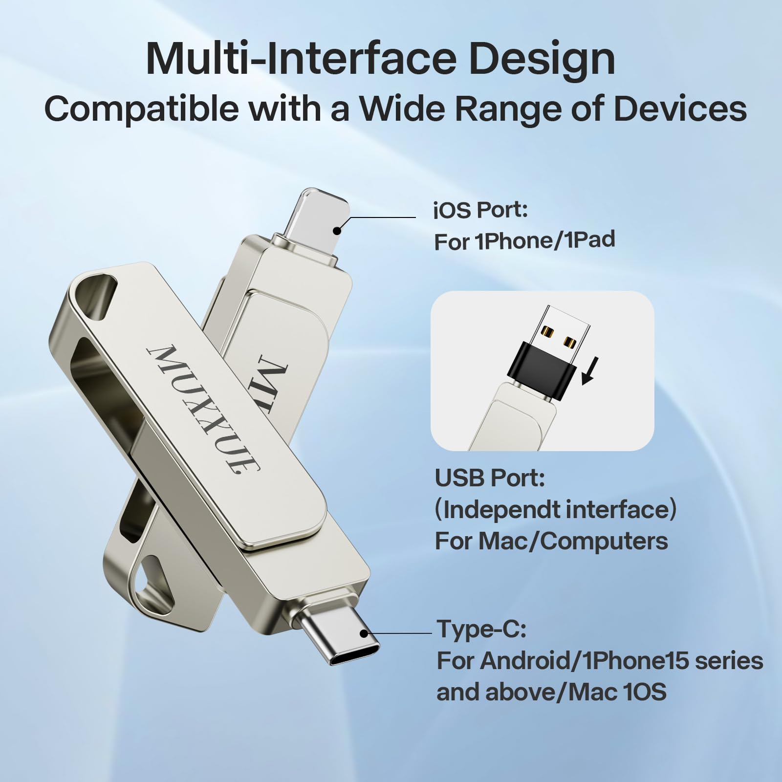 32 Go Cle USB Phone Stockage sans Application, MUXXUE Clé USB Phone Mémoire Externe pour 1Phone/1Pad/ Android et PC Cle USB C Clef pour Stockage Photos, Vidéos, Fichiers - 3