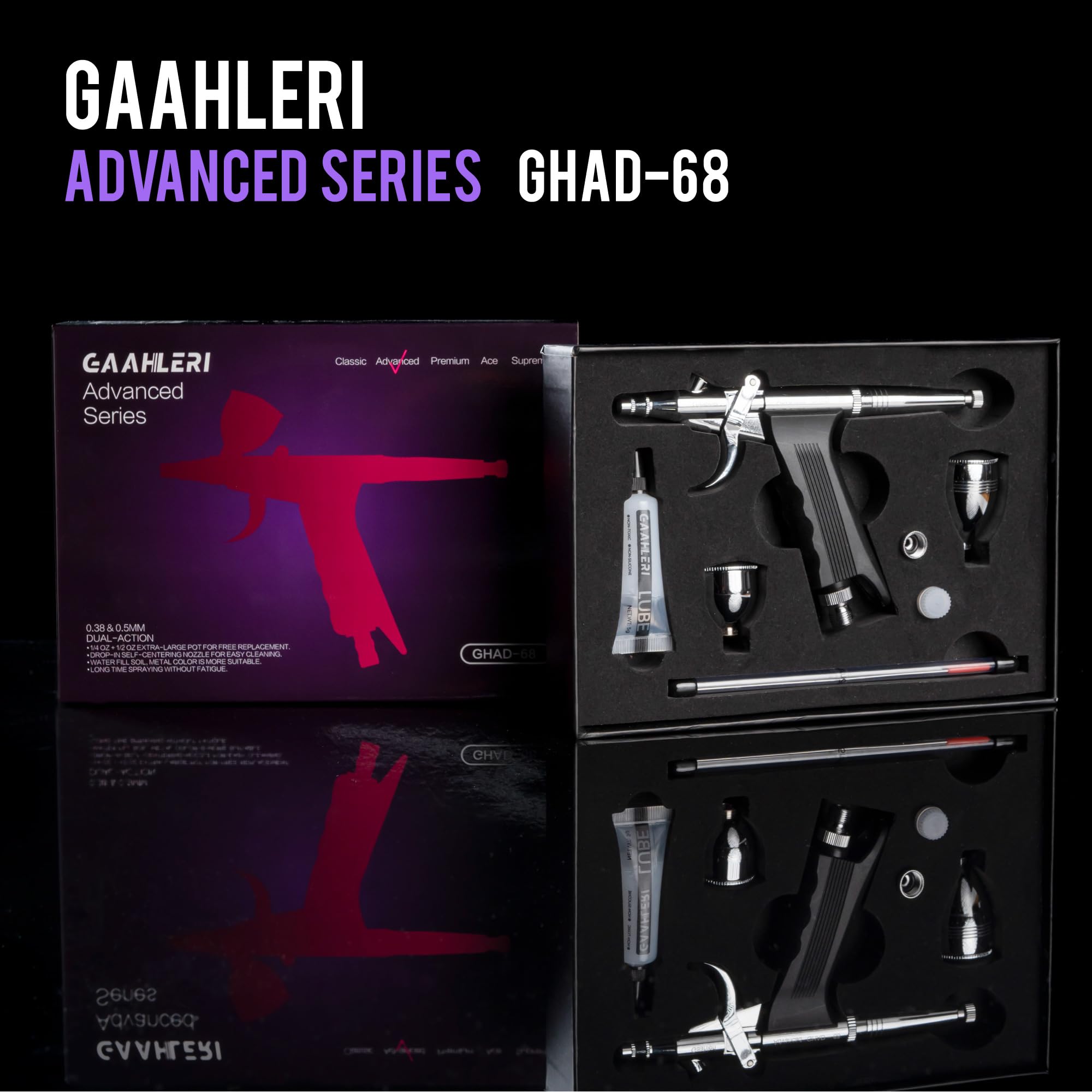 Gaahleri Kit aerografo, pistola aerografo a doppia azione, set di alimentazione a gravità, aghi da 0,38 e 0,5 mm, tazza fluida da 1/2 e 1/4 once, pennello ad aria multiuso modello di trucco per