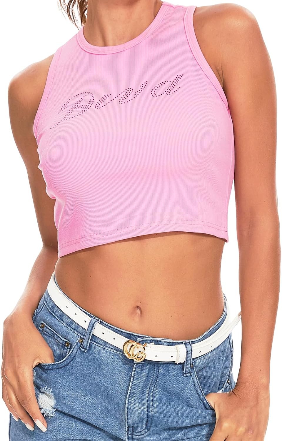 LQI Round Neck Racerback Tank Top Y2K Slim Fit Crop Top Pink Tops for Women Girls