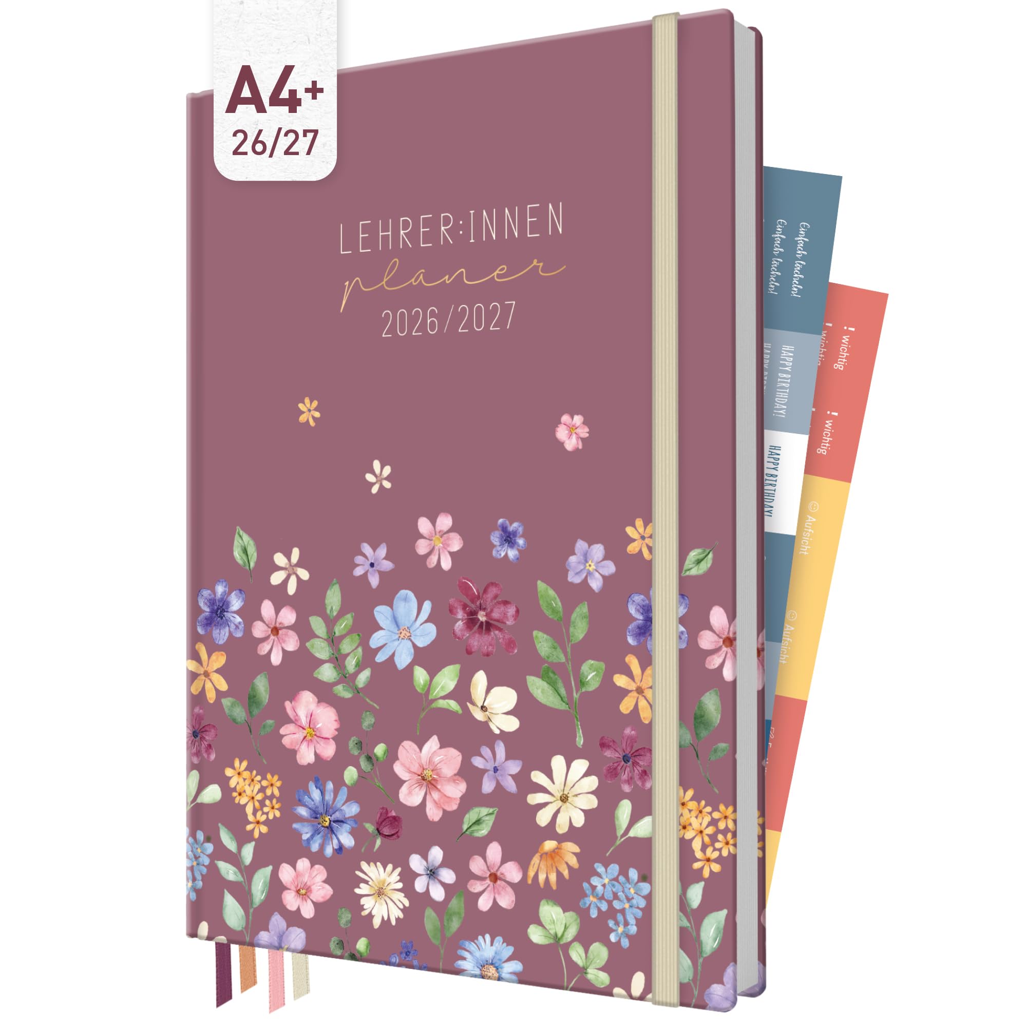Häfft® Lehrerplaner 2026/2027 im A4+ Format - Großer Lehrerkalender & Schulplaner für das Schuljahr 26/27 – Hardcover mit 4 Lesebändchen, Notenlisten & Stickern "Berry Blossoms"