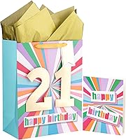 Vista 1 de WRAPAHOLIC Bolsa de regalo de cumpleaños grande de 13 pulgadas con tarjeta y papel de seda - 21 cumpleaños
