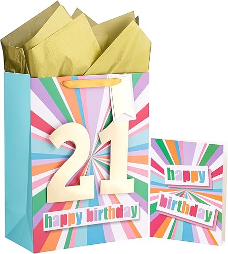 WRAPAHOLIC Bolsa de regalo de cumpleaños grande de 13 pulgadas con tarjeta y papel de seda - 21 cumpleaños