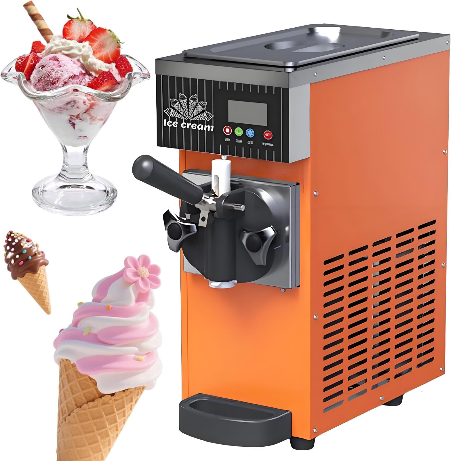 Machine à glace à l'italienne de comptoir, idéale pour la maison et les professionnels, avec écran LCD, un seul parfum, fonction autonettoyante, parfaite pour les snacks, restaurants et bars. Orange