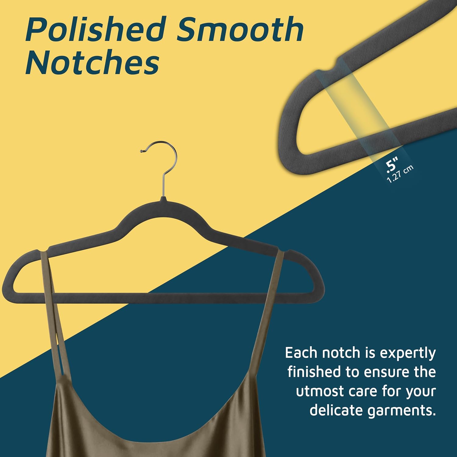 Lifemaster Velvet Non-Slip Hangers - 20 Pieces Non-Slip Coat Hanger Set with 360° Swivel Hook, Space-Saving, Sleek Design, Keep Closet Organized, Smooth Velvet Finish, Lightweight Construction - Gray