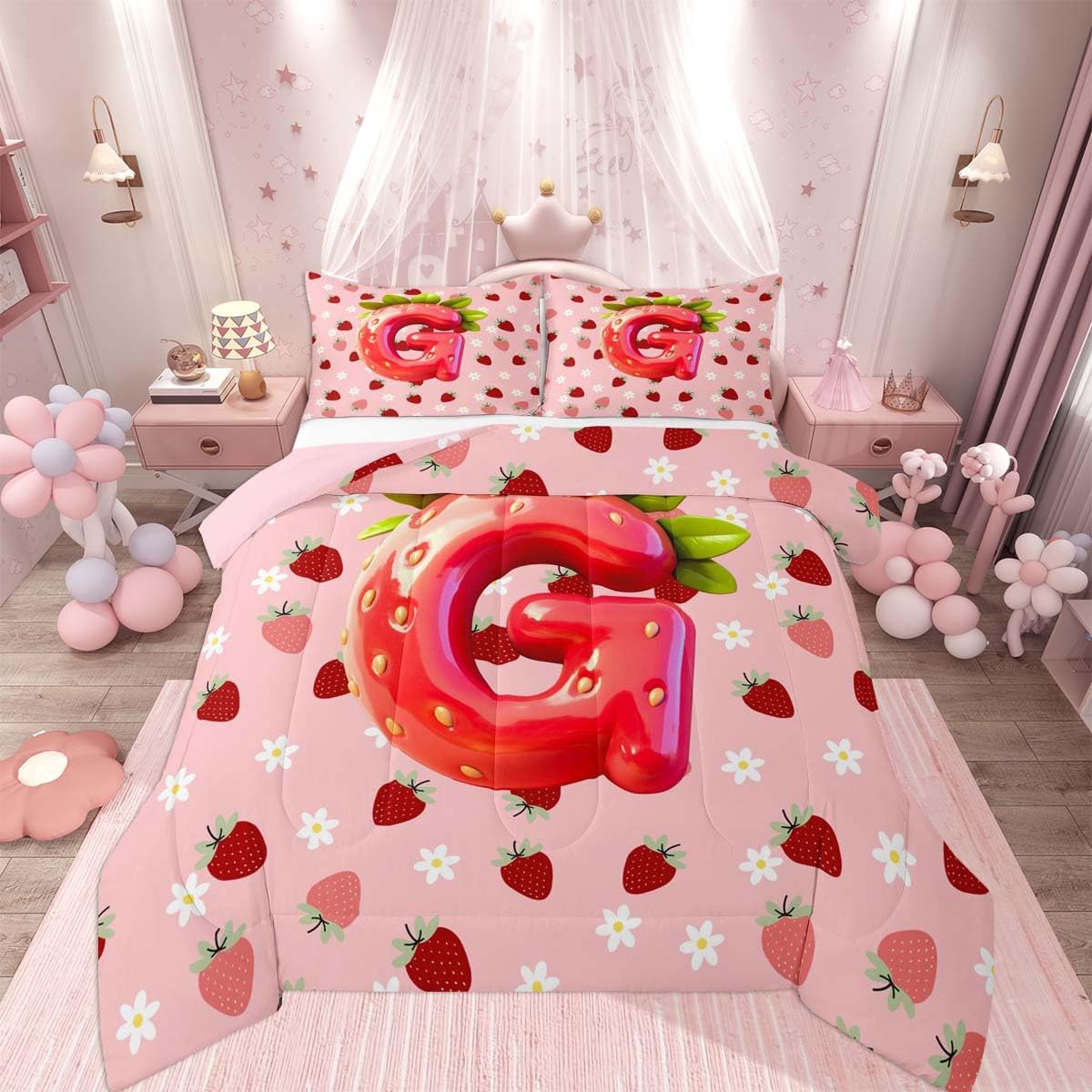 Feelyou Cute Girls Strawberry Bedding Set Soft for Boys Girls, Pink Red Princess Strawberry Comforter Set Queen Size Initial Letter G Duvet Quilt Microfiber Bedroom Decor 3 Pcs with 2 Pillow Cases