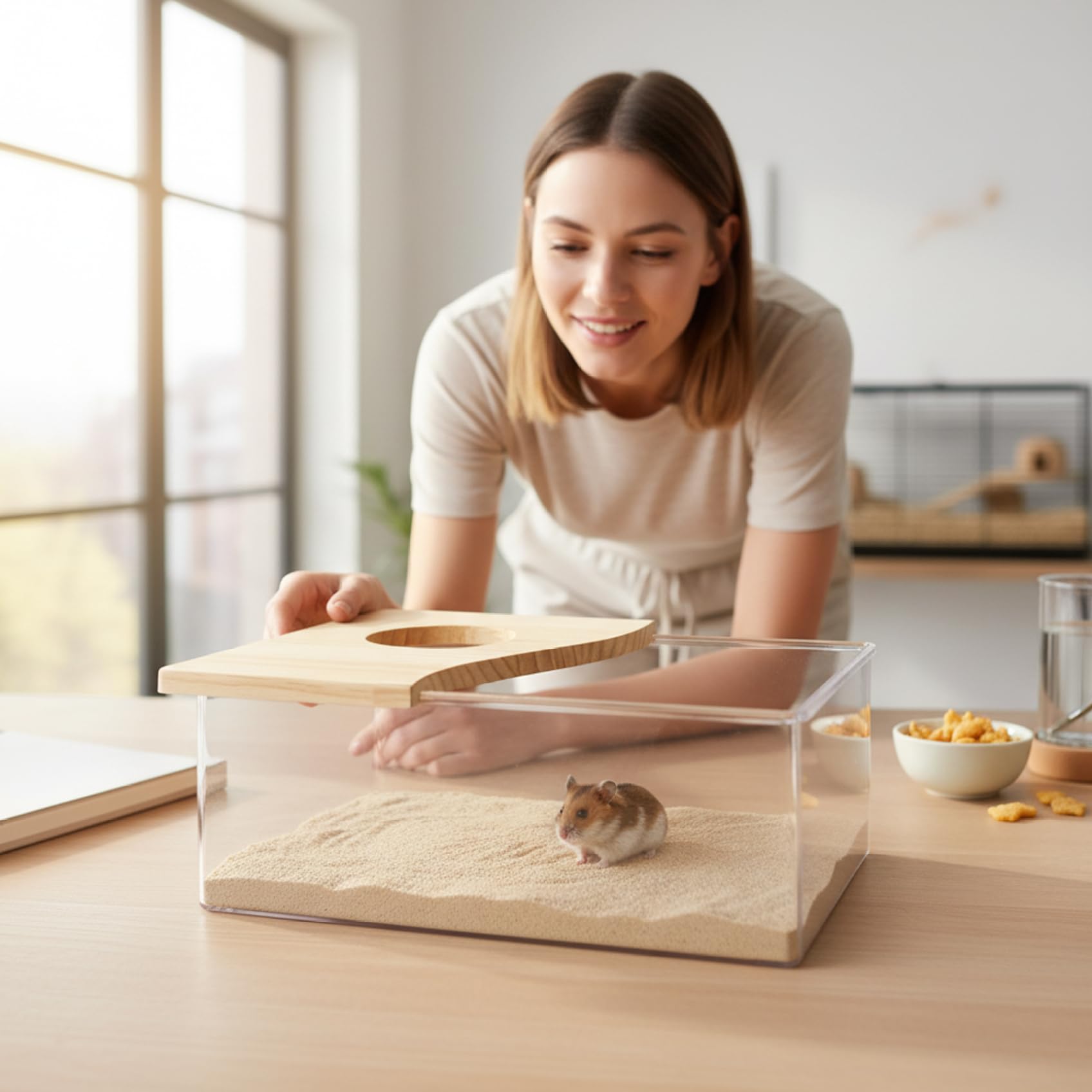 Caja de arena para hámster, cubierta de madera, caja de excavación de hámster de acrílico transparente para mascotas pequeñas, ahorra espacio, fácil de limpiar, contenedor estable para hámsteres, j