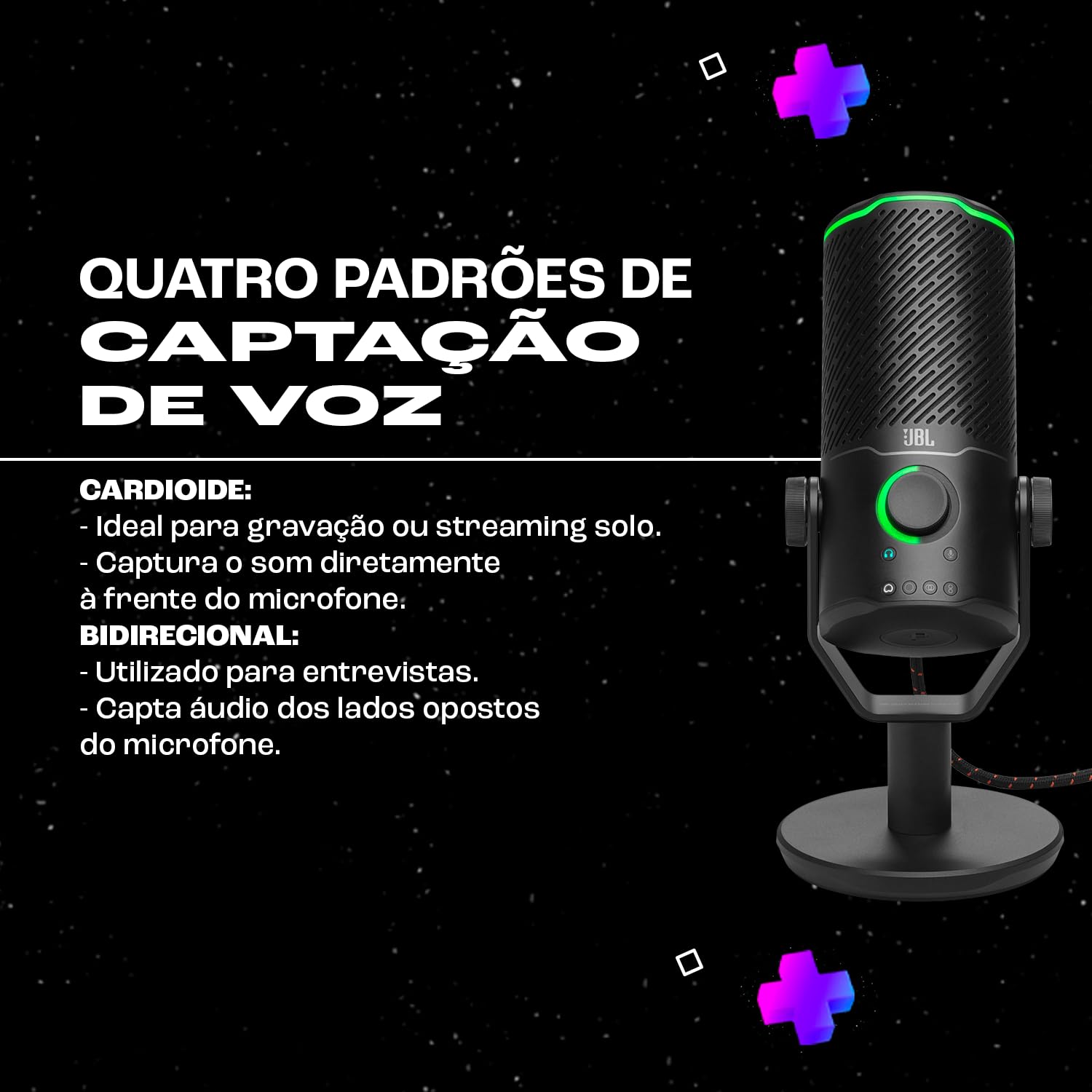 JBL Quantum Stream Studio, Microphone USB haut de gamme équipé de quatre modèles de prise de voix sélectionnables pour le streaming, l’enregistrement et le gaming, compatible avec JBL QuantumENGINE