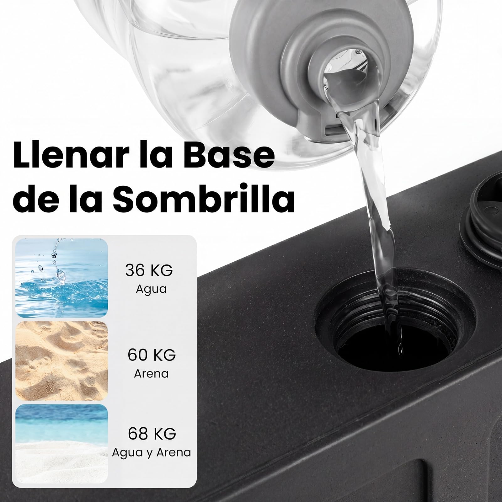 COSTWAY Base de Sombrilla con Ruedas, Pie Sombrilla Rellenable con Agua y Arena de 68 kg, 2 Frenos, 2 Perillas de Ajuste y 3 Adaptadores para Postes de 32/40/48 mm, Soporte de Parasol Terraza Exterior