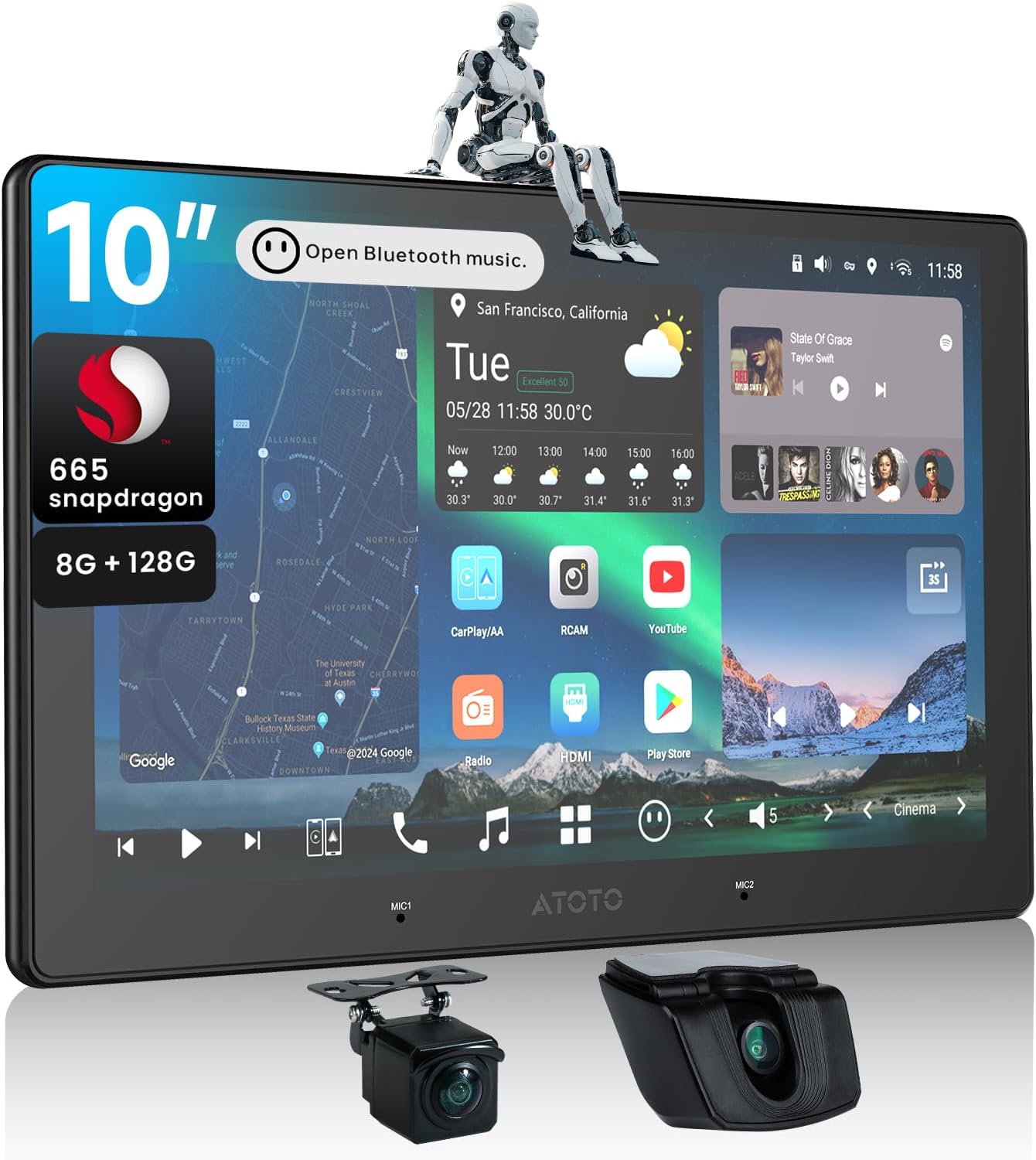 Front view of the ATOTOZONE 10-inch Android car stereo with dual cameras.