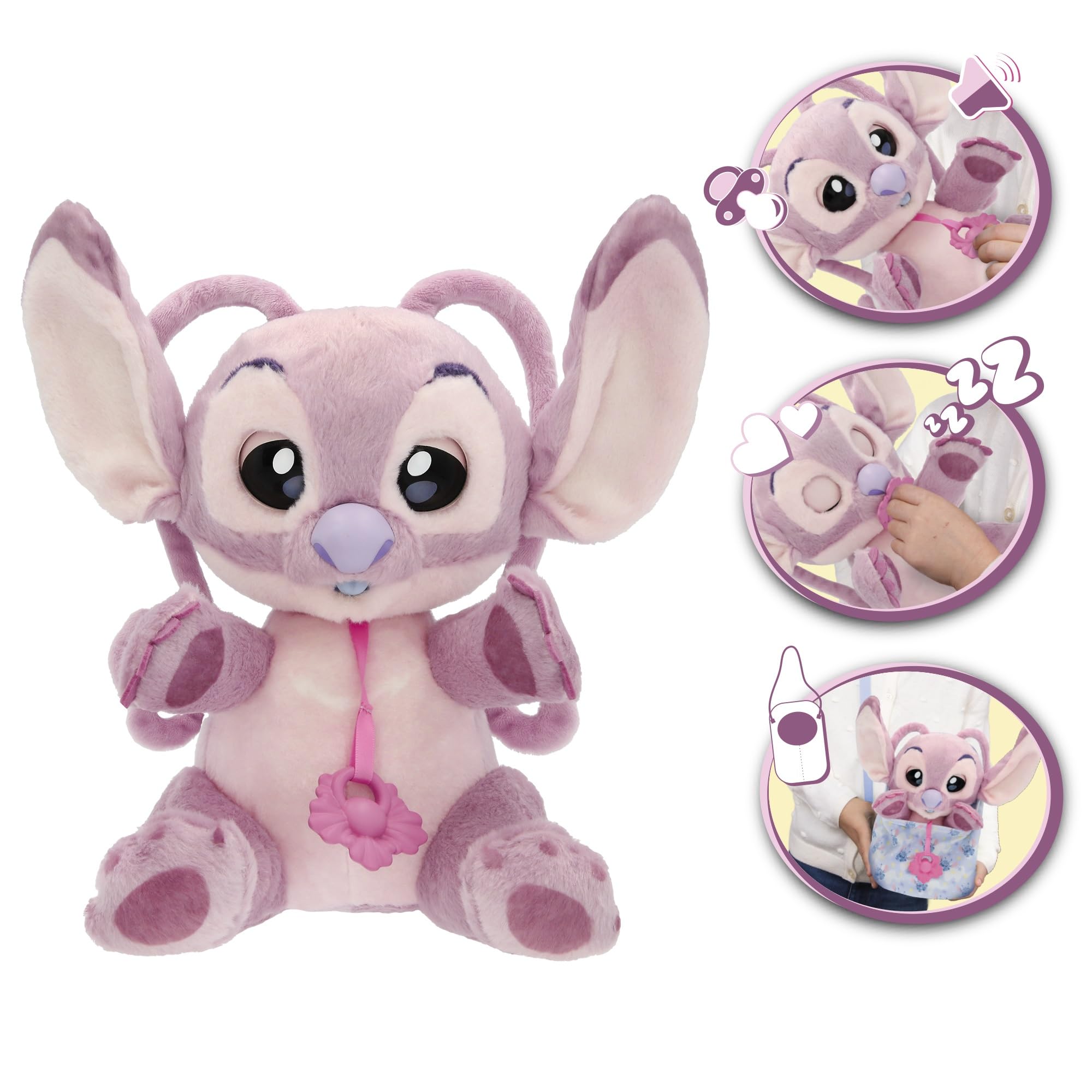 Baby Paws Disney Angel Peluche Interactive Peluche avec Sons Qui Ouvre et Ferme Les Yeux, avec Un Sac pour l’Emporter avec Toi Enfants de 3 Ans et Plus, Rose