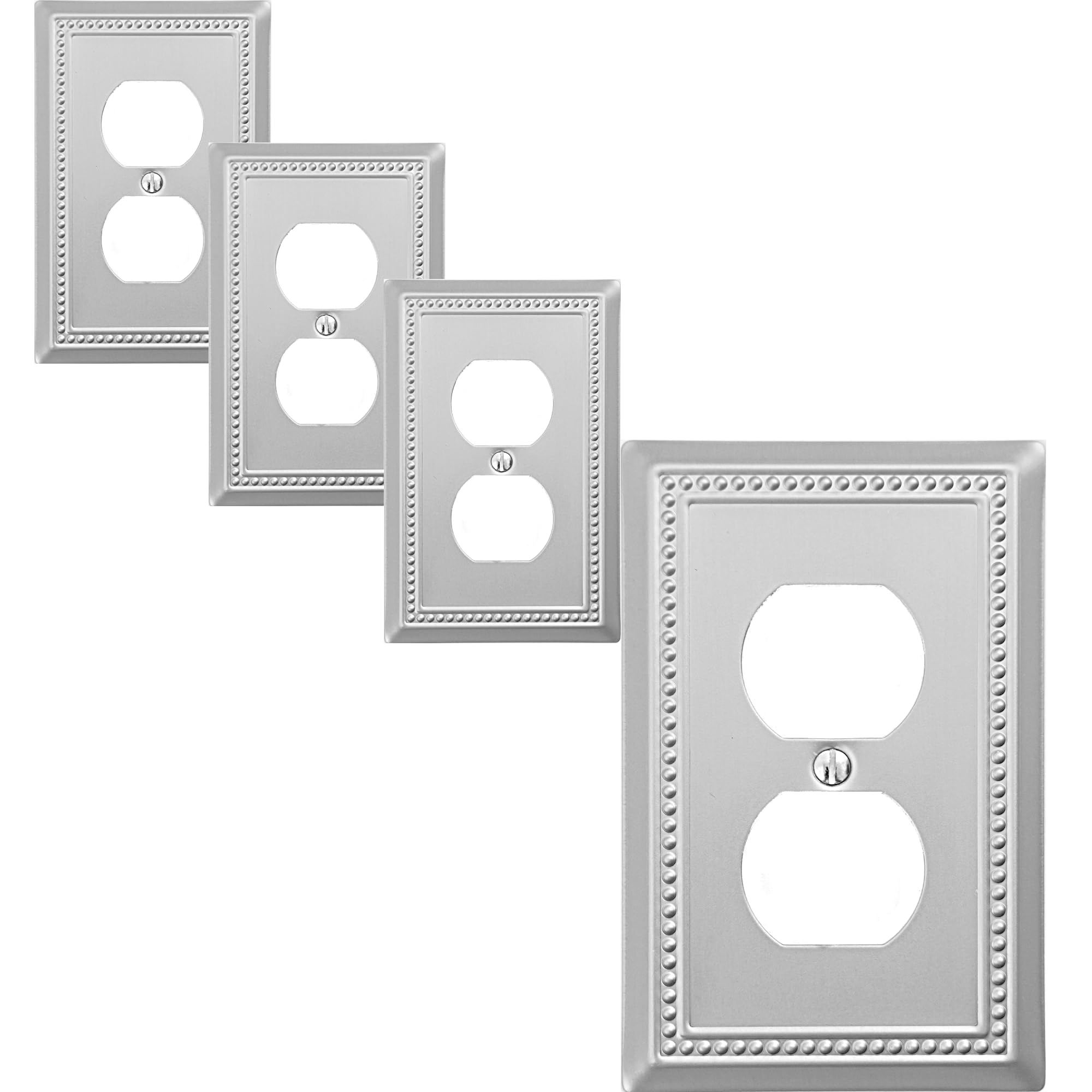 OKAWYC Single Duplex Outlet Cover Plate, 4-Pack Brushed Nickel Belaire Beaded Metal Wall Plate 1 Gang, Light Switch Cover, for Receptacle Light Switch