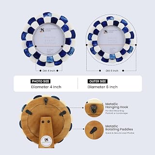 Handicrafts Home 4x4 Scalloped Bone Inlay Photo Frame White Blue - Handmade Vintage Round for Farmhouse Boho Nursery Decor