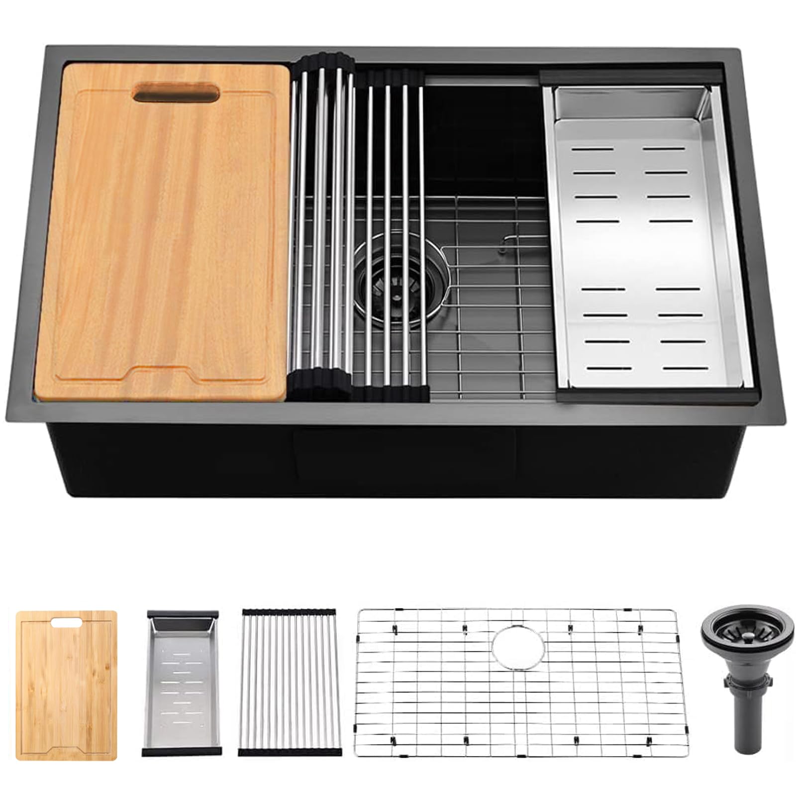 SHACO 33 Inch Black Undermount Kitchen Sink, 33x19 Gunmetal Black Stainless Steel Workstation Single Bowl Basin Wet Prep Undermount Kitchen Sink with