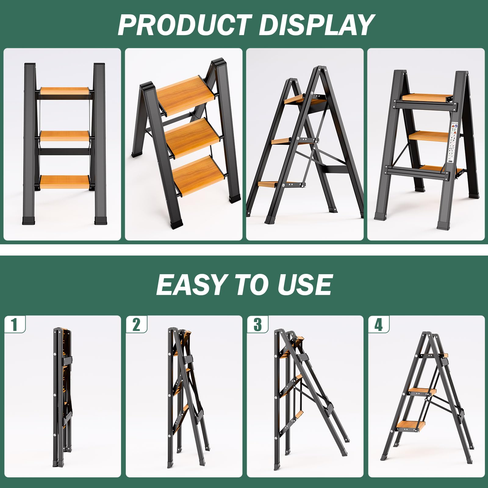KULACO Escalera Plegable 3 Peldaños de Aluminio, con Peldaños Antideslizantes y Portátil hasta 150 kg, Diseño Elegante para Hogar, Cocina, Camping