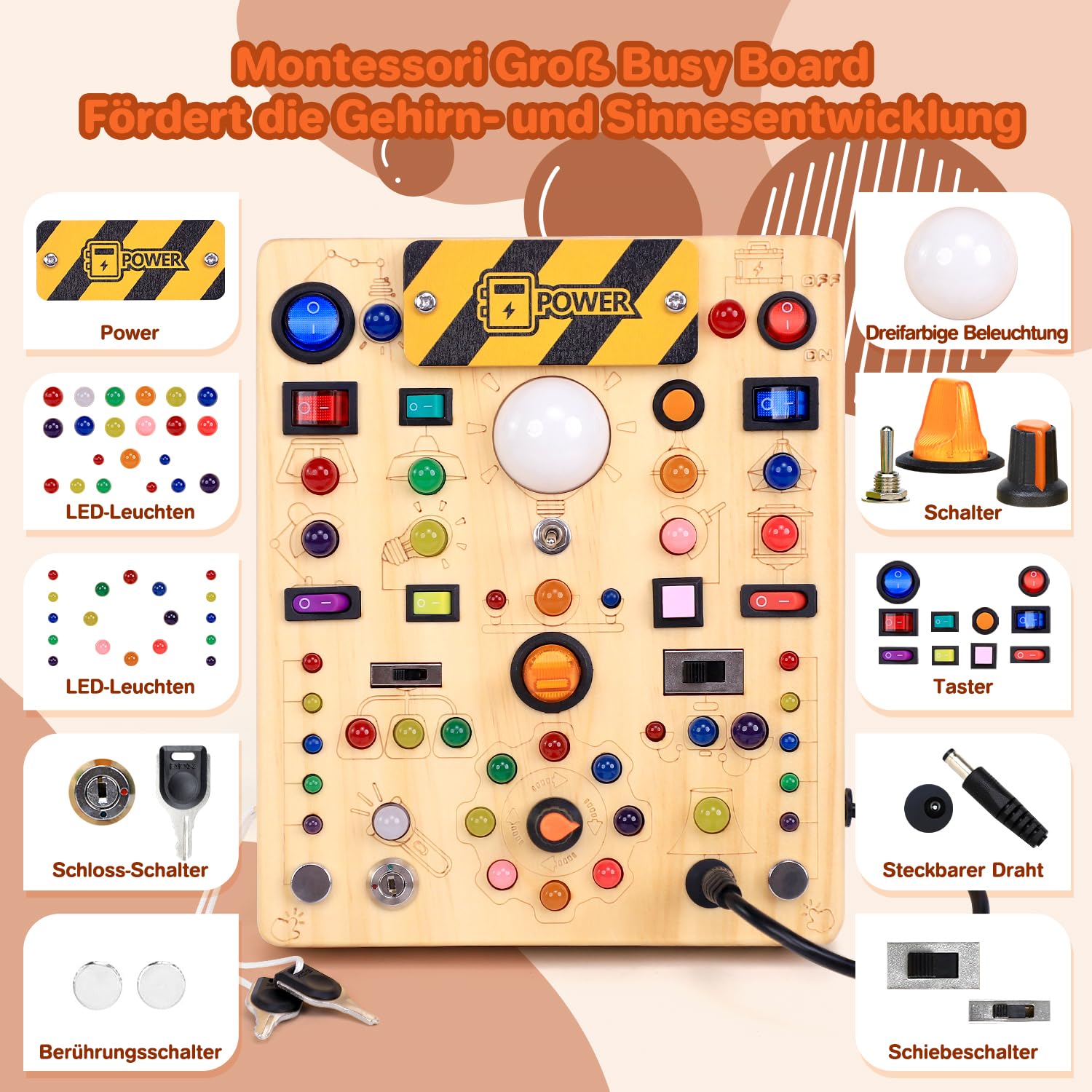 EchoToys Montessori Juguete Busy Board a partir de 1, 2 y 3 años, tablero de actividades de madera, juguete educativo para niños de 1 a 3 años, juguete para bebé y regalo para niños y niñas (19