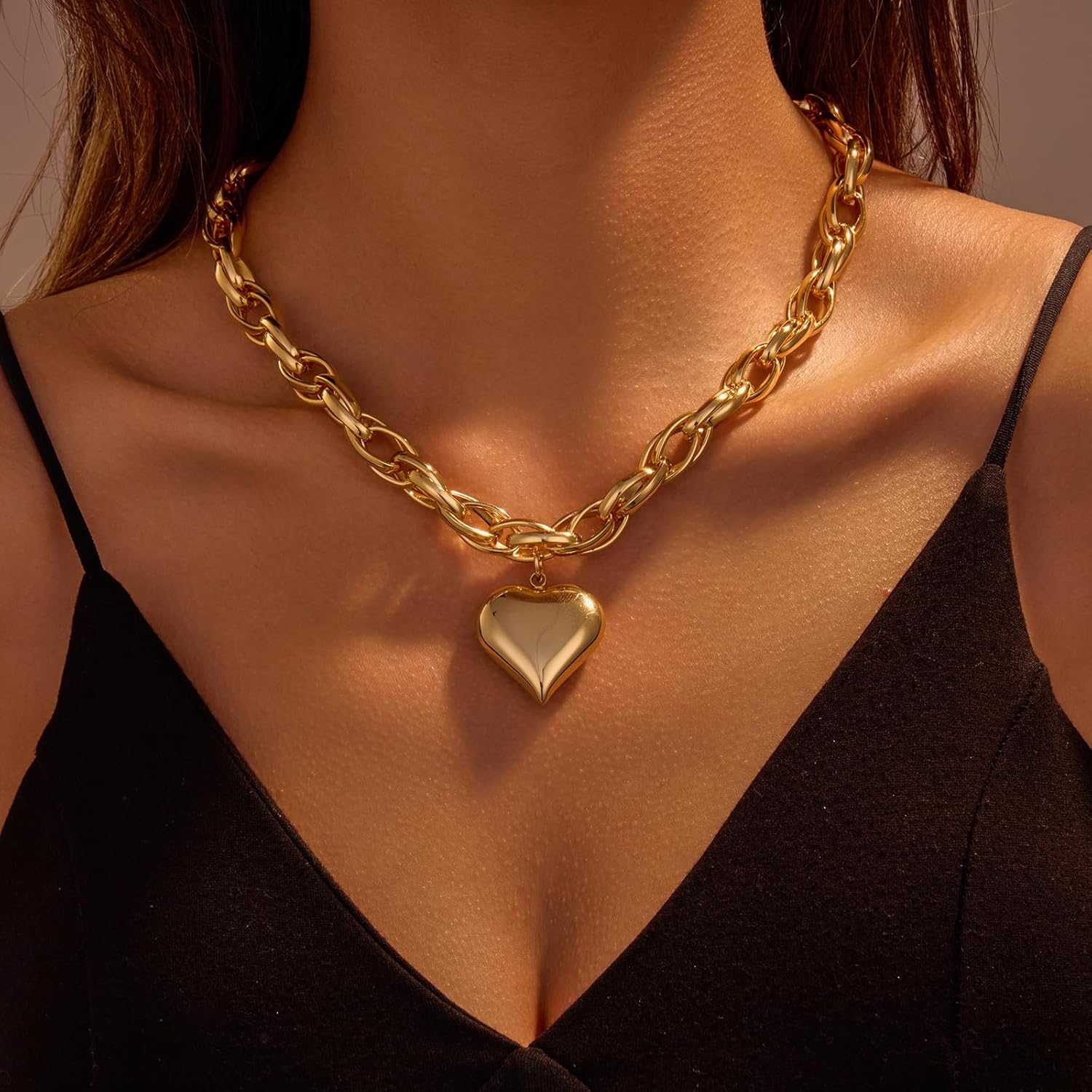 Elegant Gold Plated Heart Pendant Necklace for Women, Chunky Statement Chain with Secure Lobster Clasp,Gift for Her - Image 2