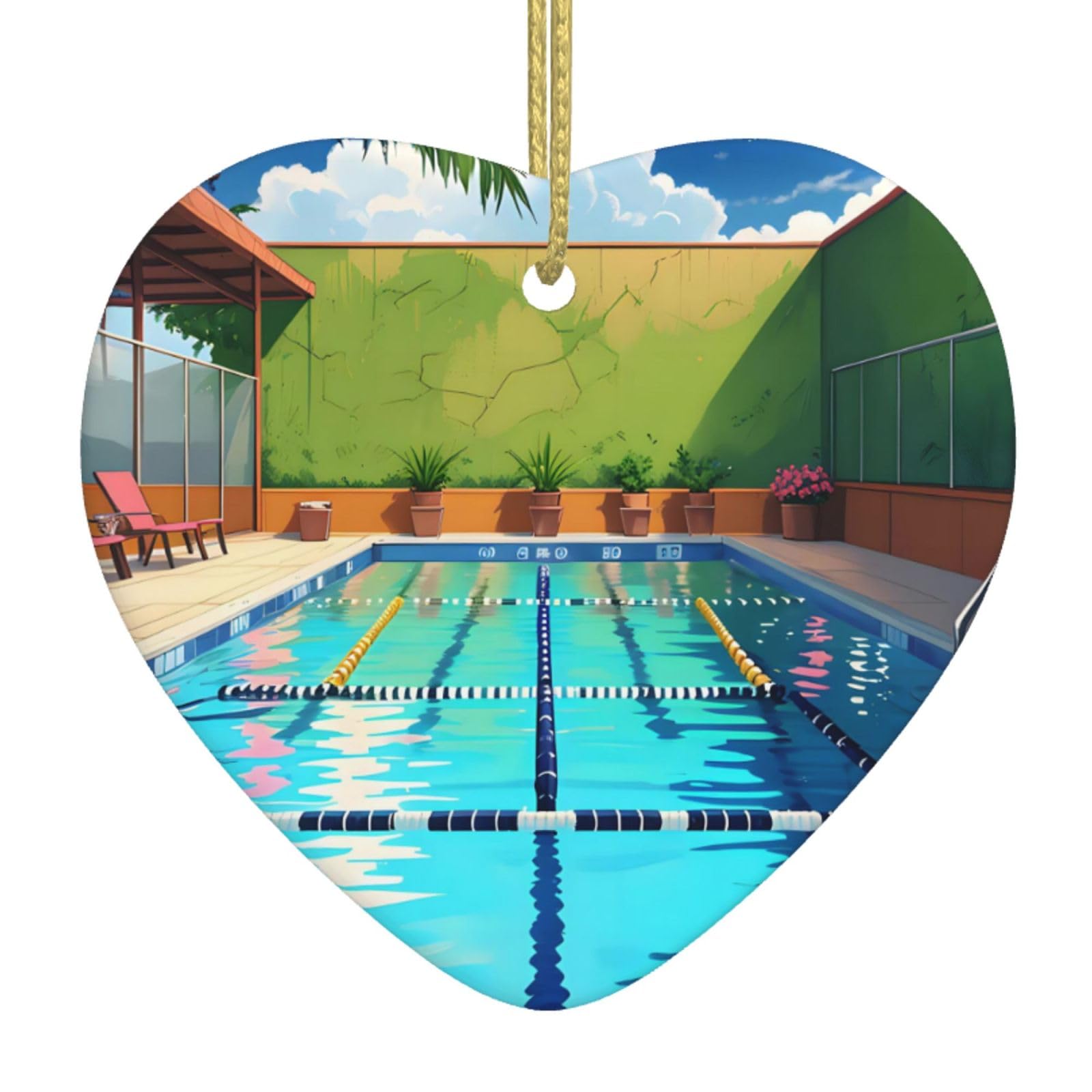 Flamingo and Swimming Pool Ceramic Christmas Heart Pendant with Silk Thread, Christmas Tree Home Decoration