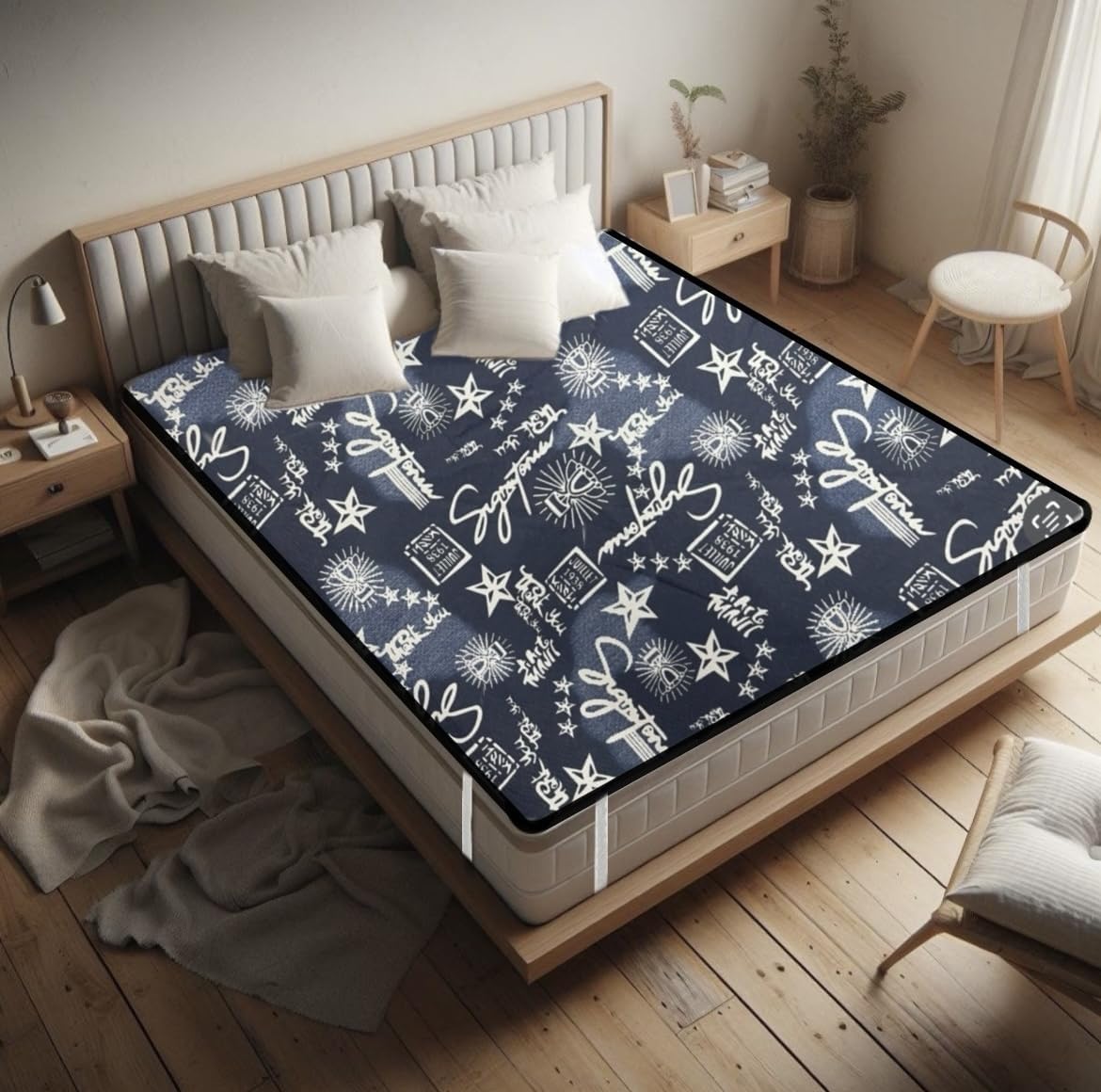 Creeva Purenest Dark Blue Printed Waterproof PVC Mattress Cover 72x72 Inch | Fitted Elastic Protection Sheet for Double Bed-image-28
