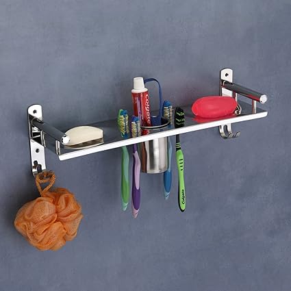 iSTAR Stainless Steel Multipurpose Use Bathroom Organizer Bathroom Shelf Rack with Double Soap Dish and Tumbler Holder Soap Holder Bathroom Accessories (5X15 Inch Long)