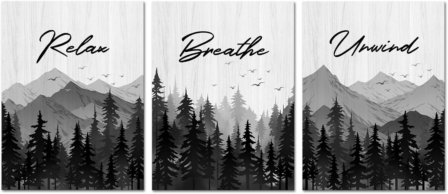 Saypeacher Green Bathroom Wall Art Misty Forest Pictures Relax Breathe Unwind Sign Wall Decor Watercolor Pictures for Bathroom Prints