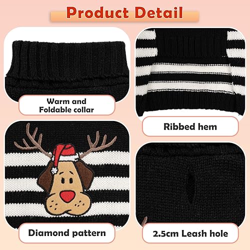 Miniatura 4 de YUDODO Suéter de Navidad para perros pequeños, con cuernos de dibujos animados, suéter de punto para cachorros, ropa de invierno a rayas, suéter