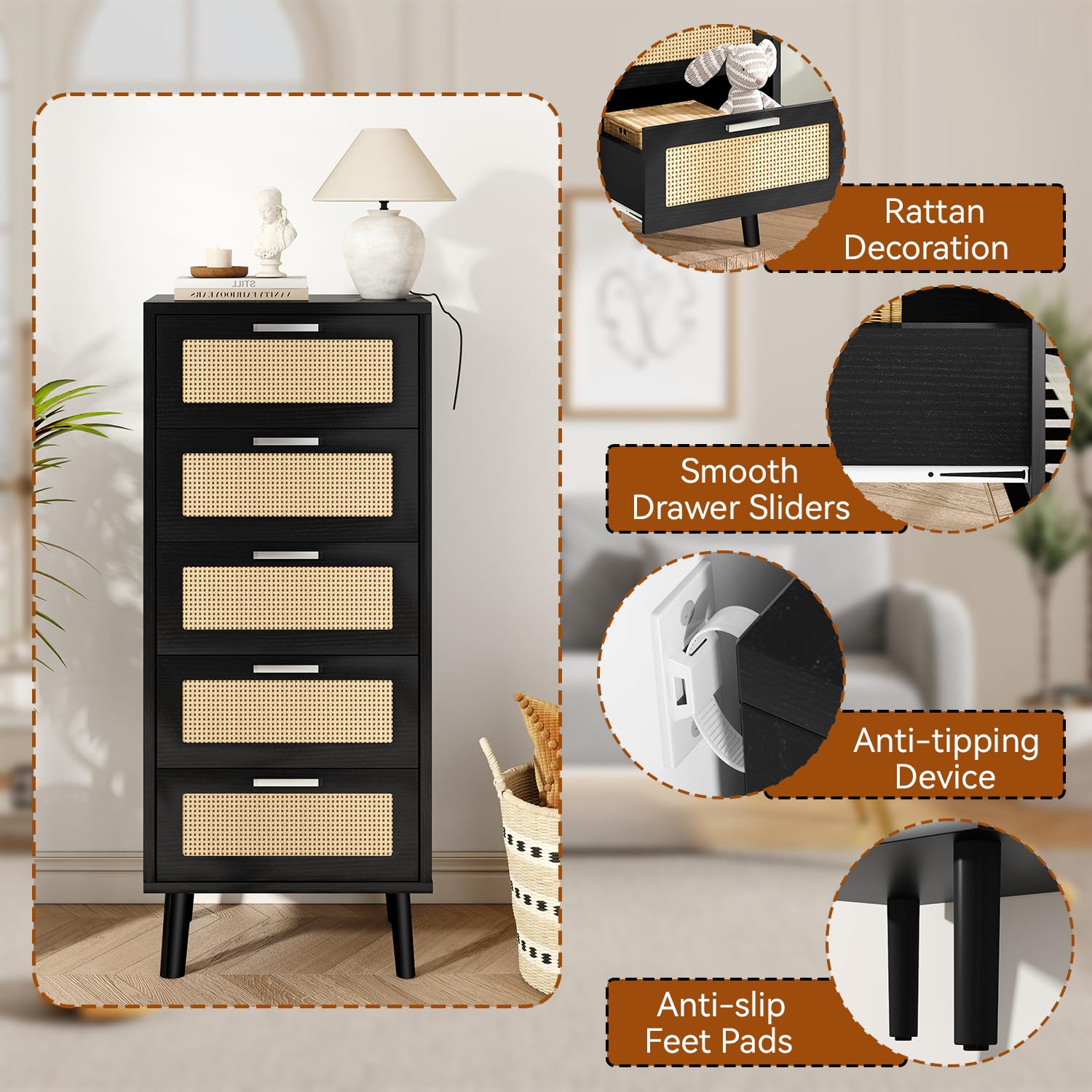 IBUYKE Cómoda Dormitorio, con 5 cajones Decorados de ratán, Mueble Cajonera con Patas de Madera, 40x34x108.5cm, Mueble Almacenaje Madera para Salón, Pasillo,Negro WST010B