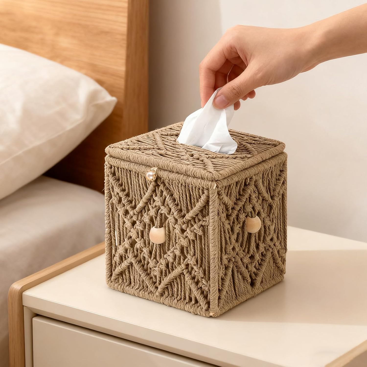 Handmade Tissue Box Cover Decorative Macrame Boho Square Tissue Holder Cotton Rope Woven Napkin Facial Paper Organizer Bohemian Desk Storage Container with Buckle Wood Beads (Khaki)