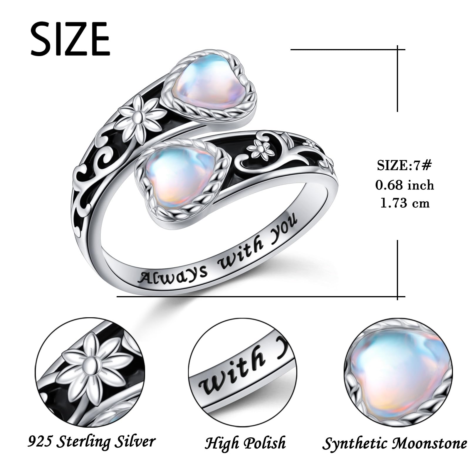 Anillo de plata de ley 925 con forma de corazón y piedra lunar para mujer