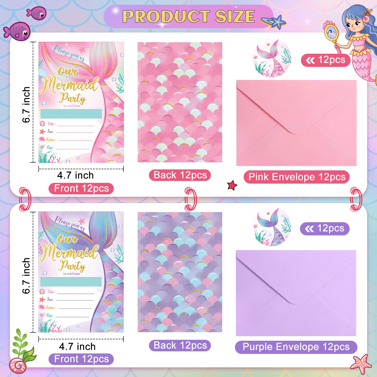 Tarjetas De Invitación De Cumpleaños De Sirena Con Sobres, Paquete De 20 (4  X 6 Pulgadas, image size:1600x1600