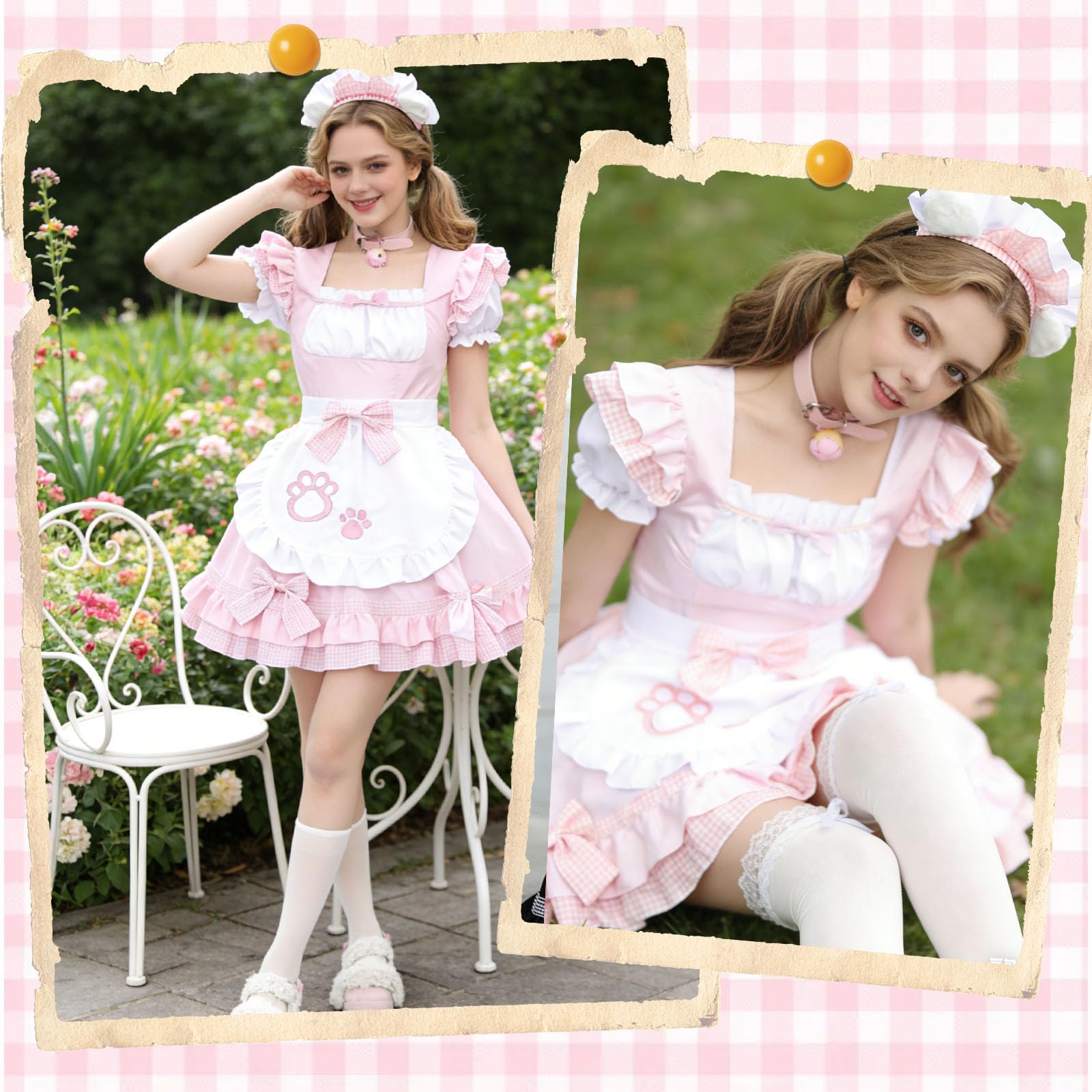 Maid Outfit Déguisement Lolita Cosplay Anime Outfit French Maid avec Oreilles de Chat Collier Cloche Chaussettes Costume de Soubrette Chat pour Halloween Carnaval Fête Cosplay Noël