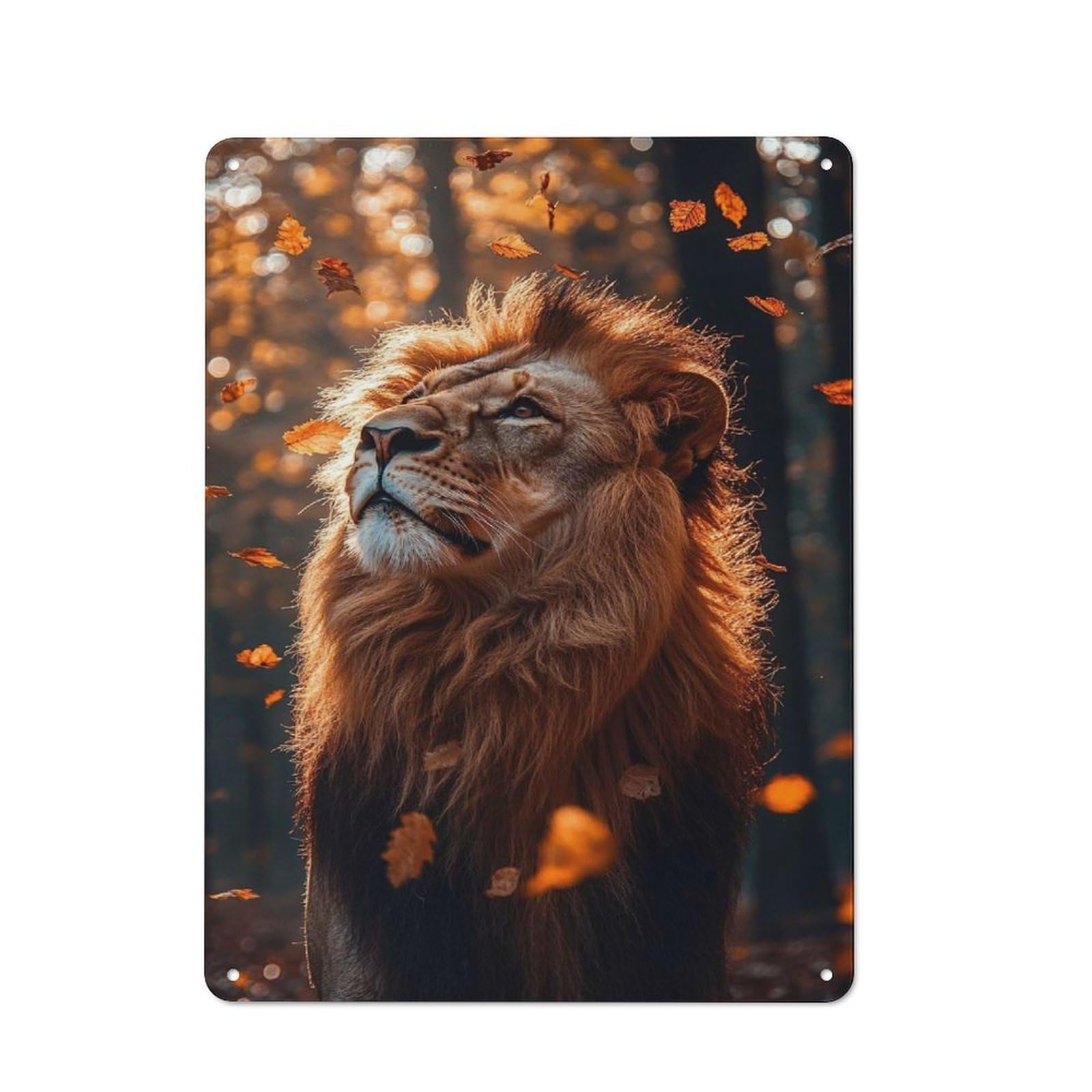 Junmoney Style-9 Lion In Autumn Leaves Printed Metal Sign 40X30cm For Man Cave Or Games Room, Suited To Games Room Collectors