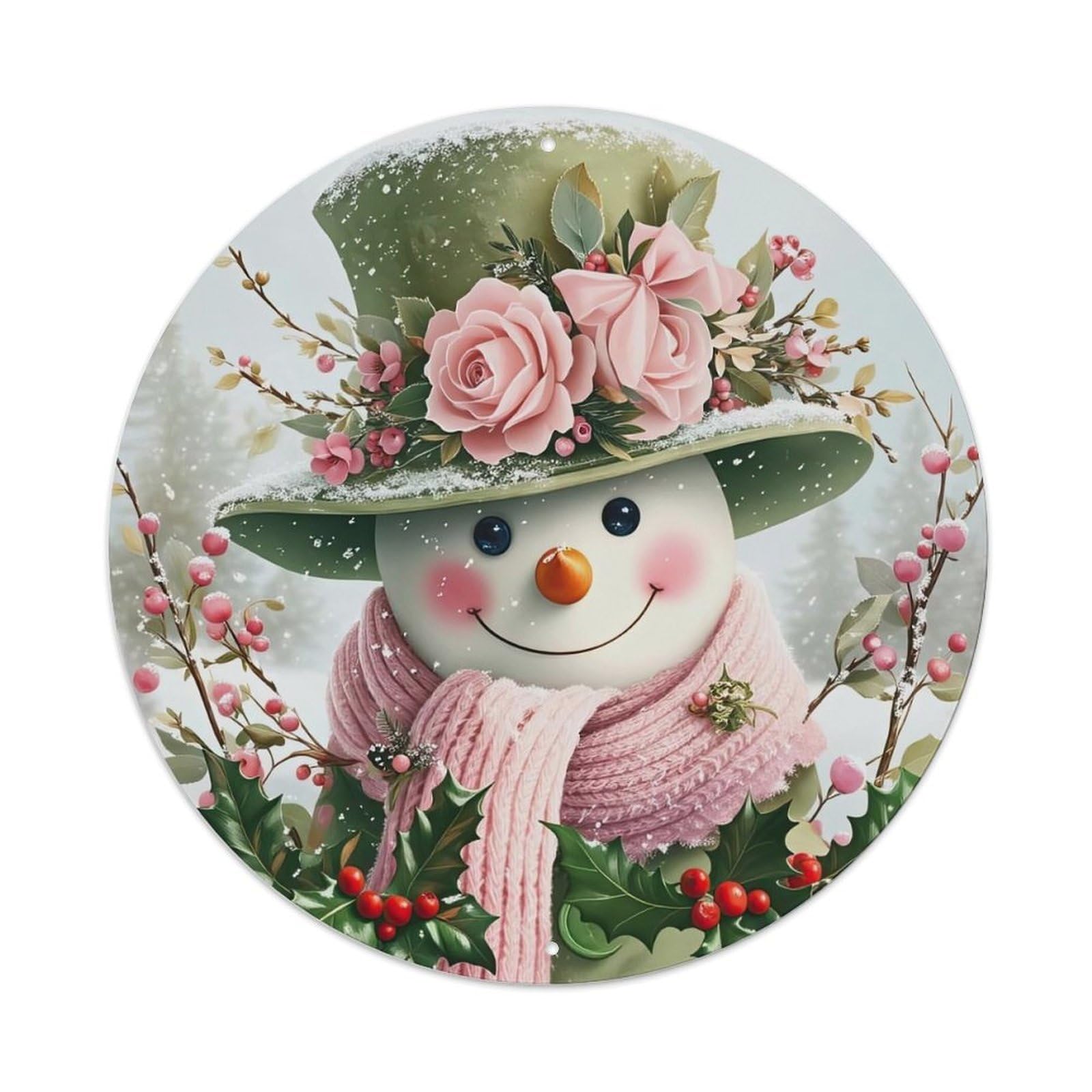 Snowman Hat Flowers Scarf Holly Metal Tin Sign
