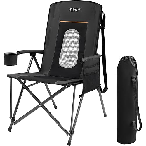 PORTAL Oversized Folding Camping Chair High Back Portable Lawn Chairs for Adults Outdoor Sports with Hard Armrest Cup Holder，Supports 400LBS Black