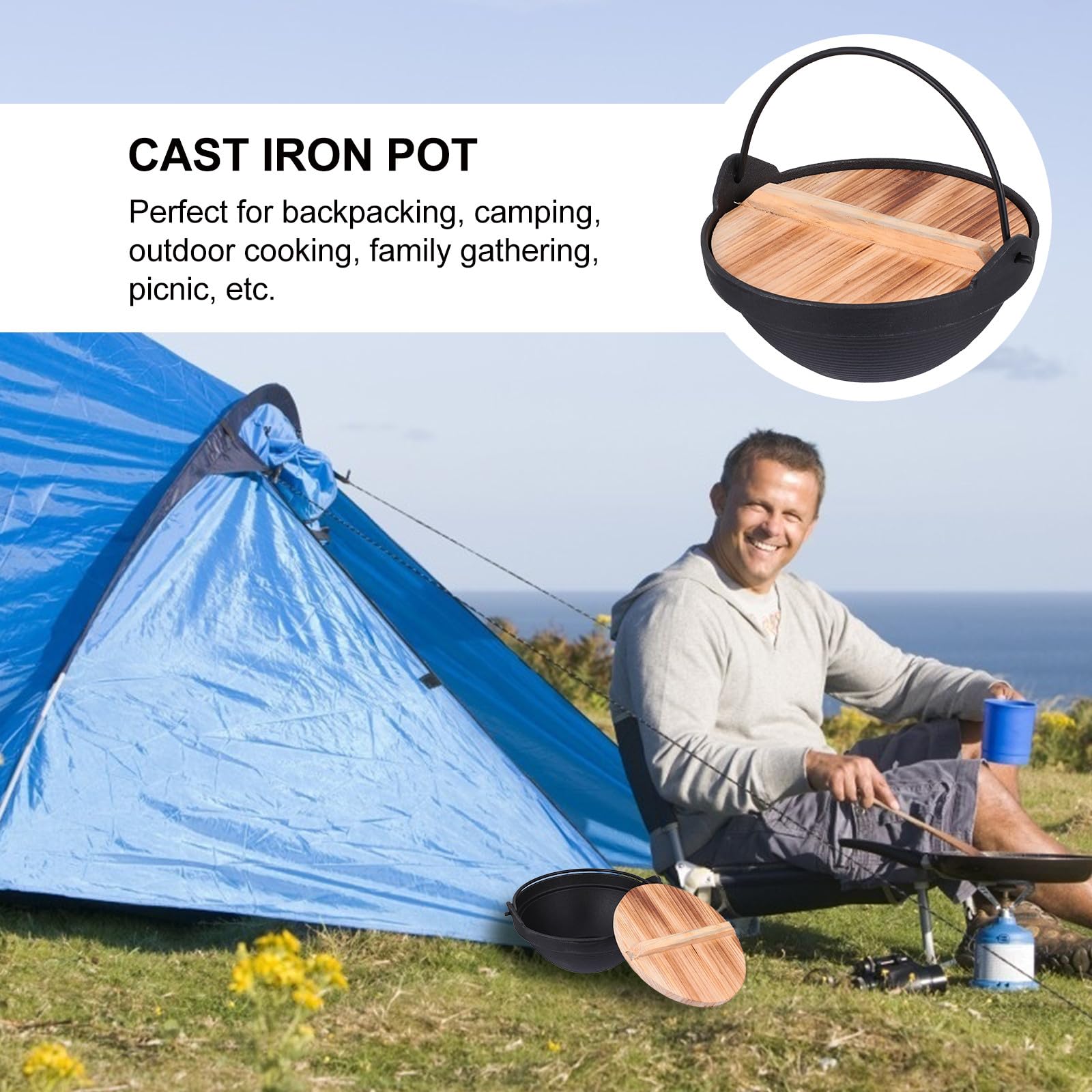 Tofficu Gusseiserner Outdoor Kochtopf 1 Satz Leichter Tragbarer Camping Hot Pot aus Gusseisen mit Holzgriff für Camping und Familienfeiern