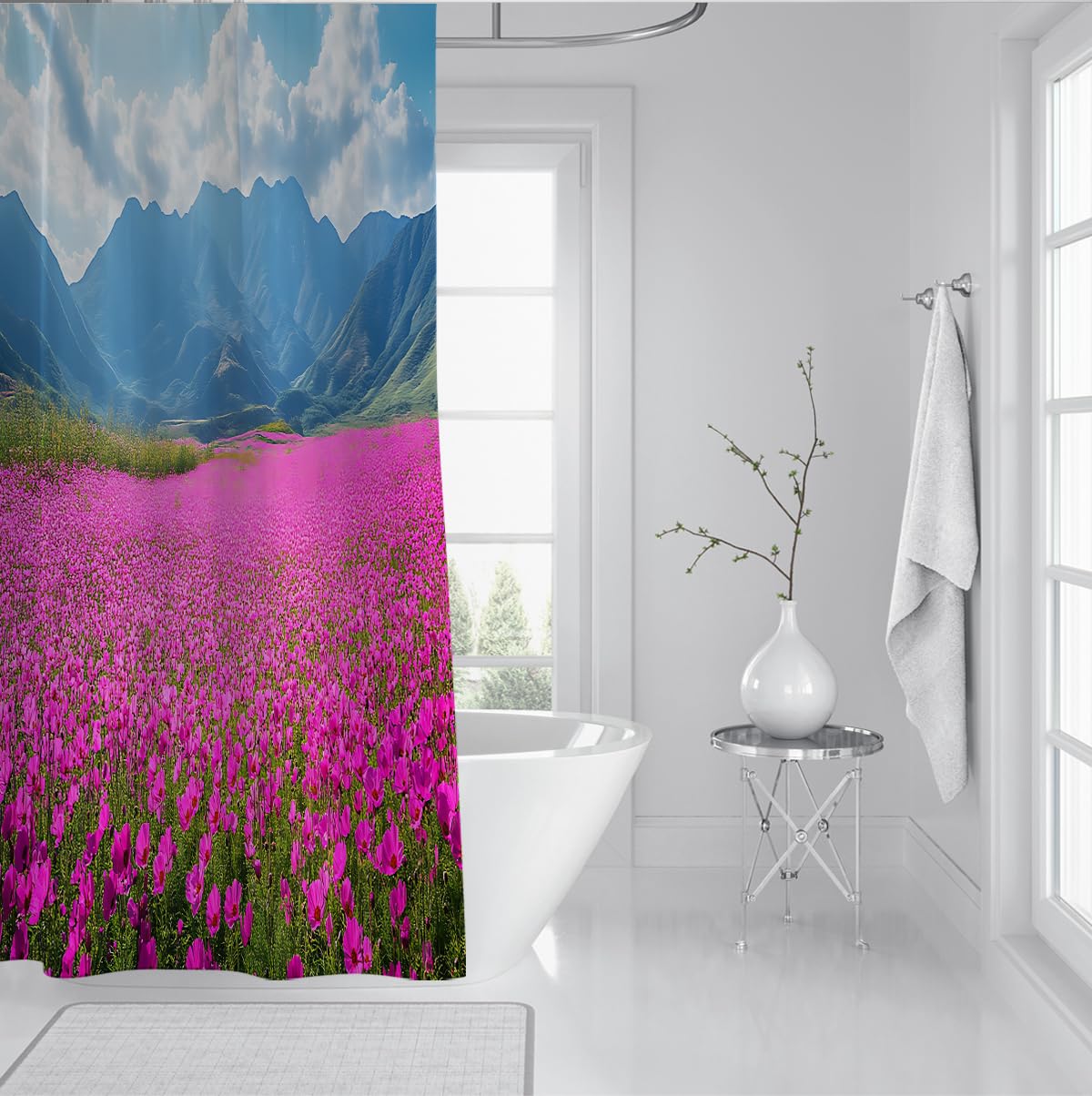 Rideau Douche Paysage Montagne Champ Fleurs Roses W180xL200 cm