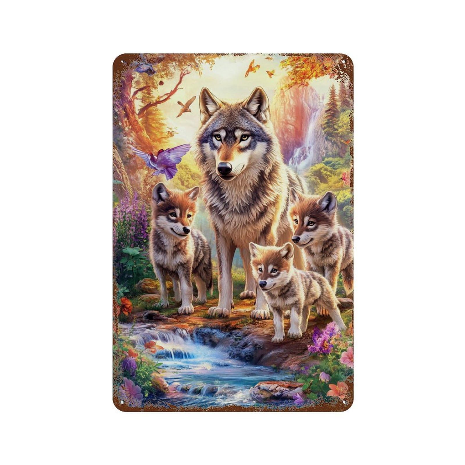 Retro Metal Sign with Wolf Family in Fantasy Forest-1 Design 11.8"x7.9", for Bistro, Counter And Cafe Decor, Shabby Chic Decor