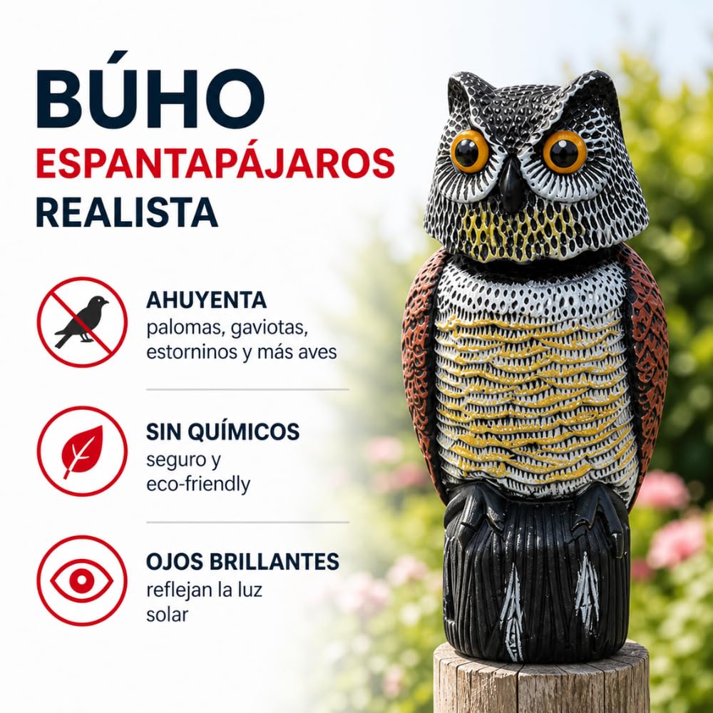 Remi Hogar Búho Espantapájaros Realista | Ahuyenta Palomas, gaviotas y Otras Aves urbanas | para Exteriores, Balcones, Jardines y Piscinas | Poliuretano | Respetuoso con el medioambiente y Fauna