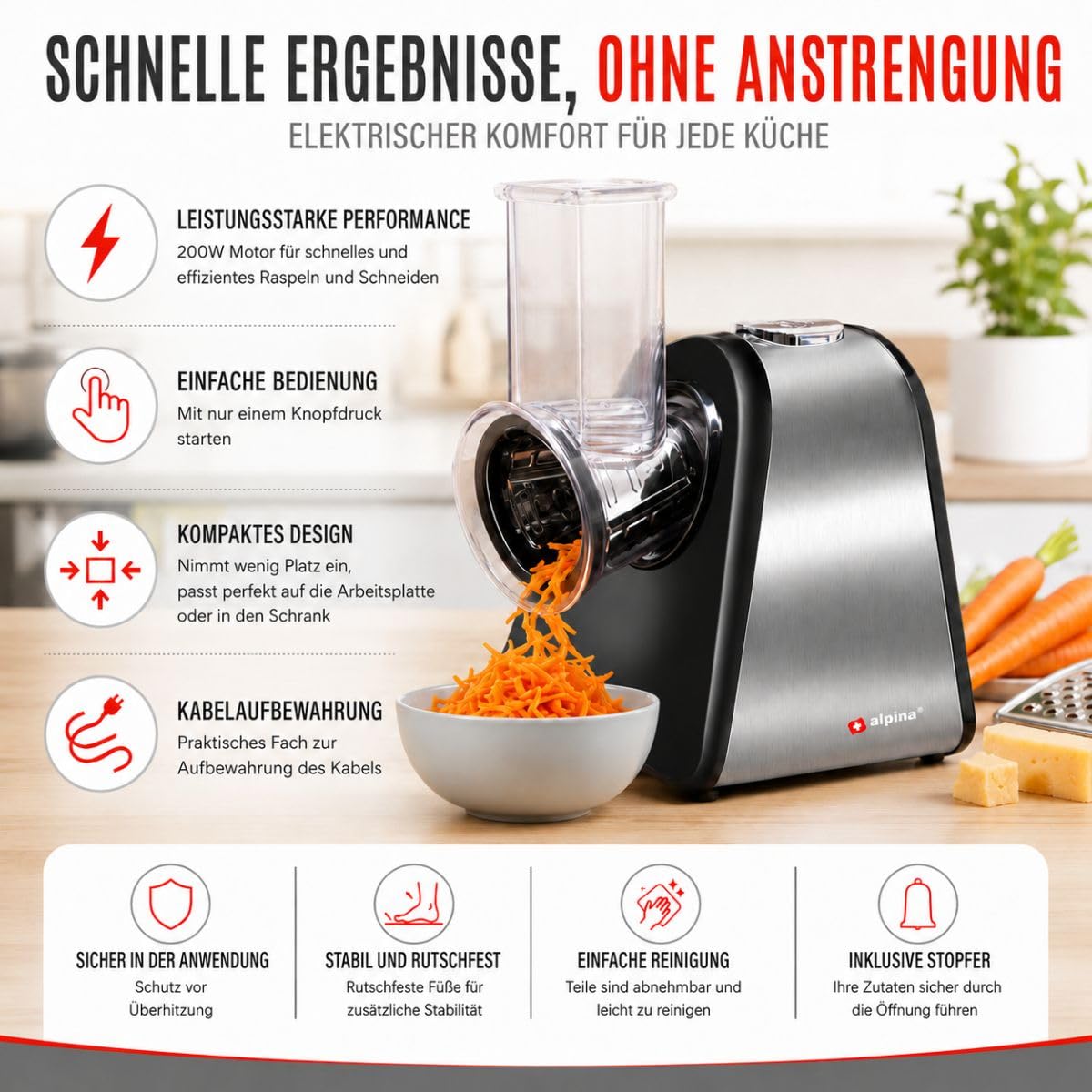 alpina Gemüseschneider Elektrische - Elektrische Gemüseraspel mit 4 RVS Messern - Multifunktionsreibe Elektrisch - Elektrischer Gemüsehobel Multifunktional, Silber