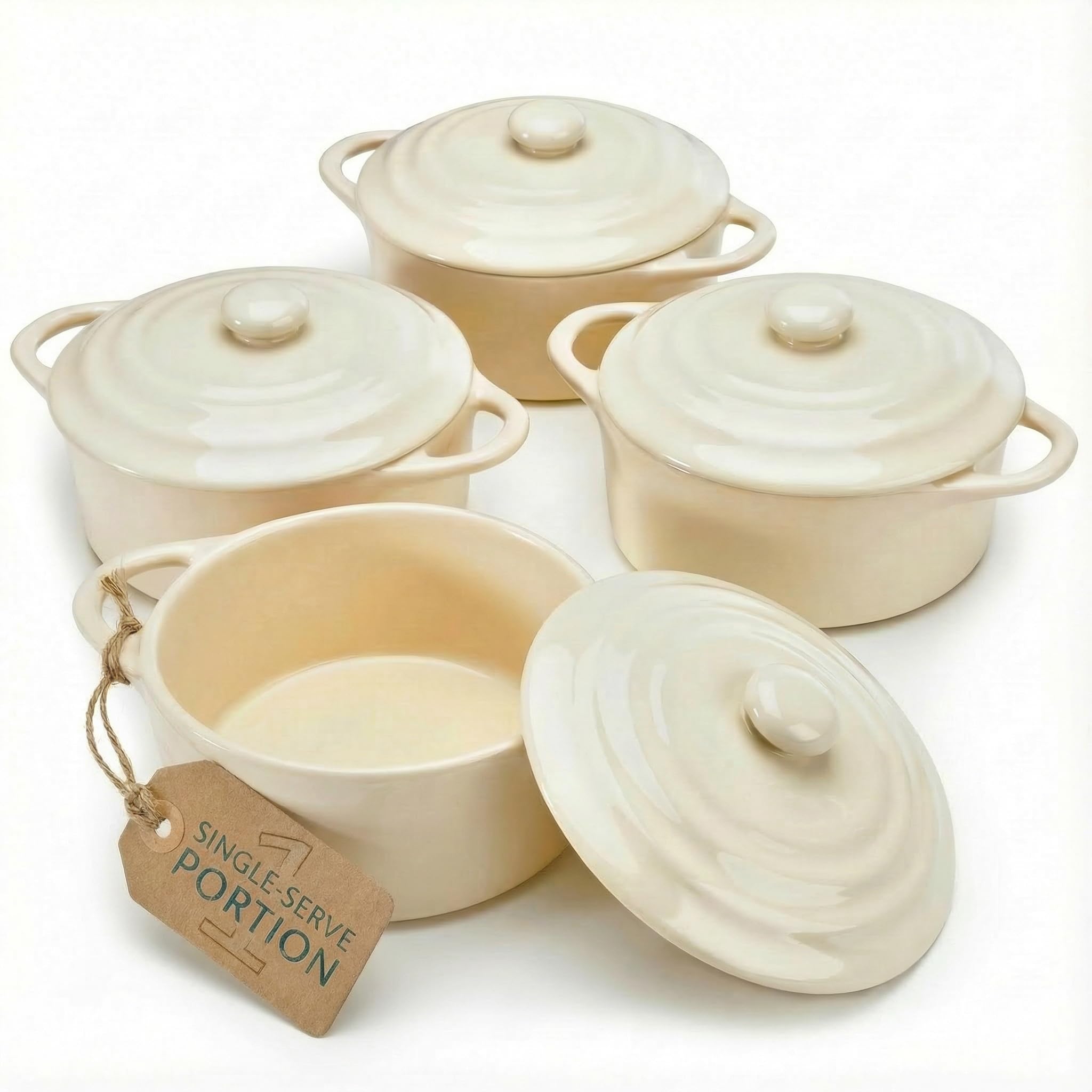 Kook Ceramic Mini Cocotte Set, Small Casserole Dishes with Lids and Handles, Individual Baking Ramekins, Oven, Microwave & Dishwasher Safe, Stoneware, 12 oz, Set of 4, Ivory