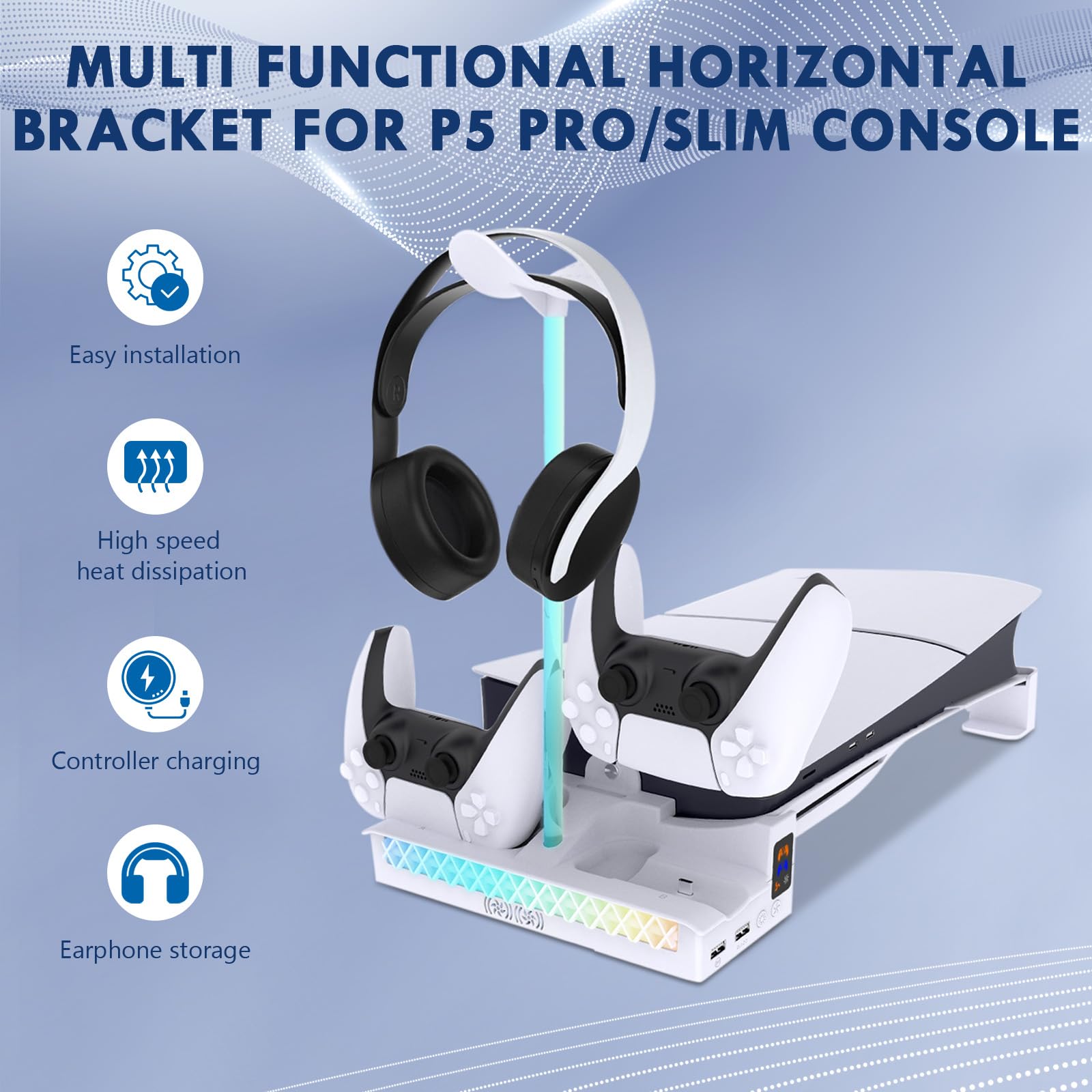 Sehawei Soporte para PS5 Slim/Pro con Ventilador de 2 Velocidades, Cargador para Mando PS5 con Luz LED, Soporte PS5 Horizontal con 2 Puertos USB y Holder Headphone para PS5 Slim (No para P5 2020)