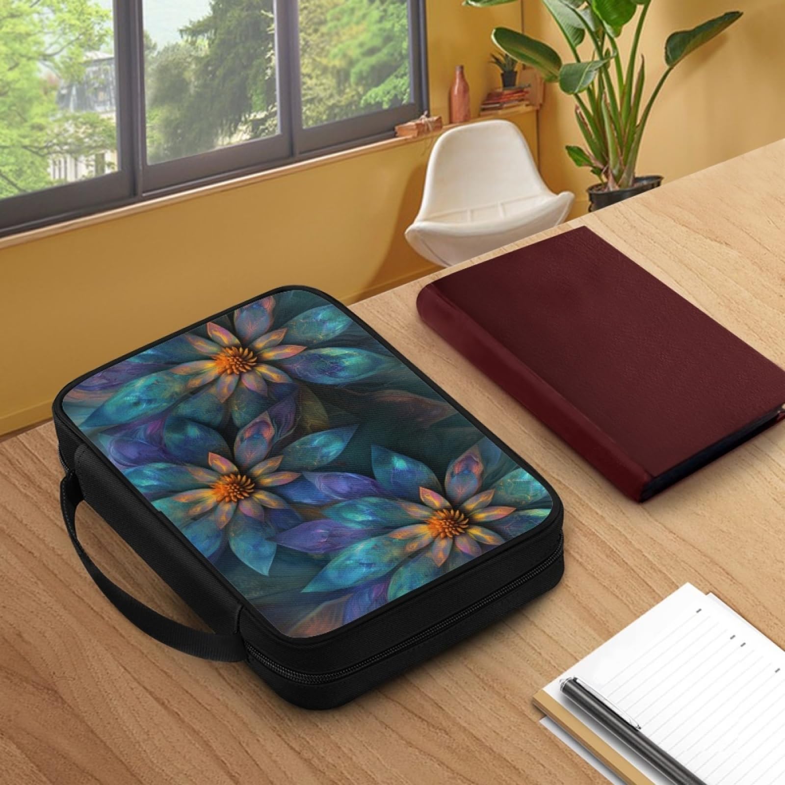 Custodia Libro Mandala Blu Arancione Copertura Bibbia con Manico Cerniera Tela in Poliestere per Uomo Donna Porta Libro Grandi Capacità Custodia per Libri 27.5x22.5x5.5 cm