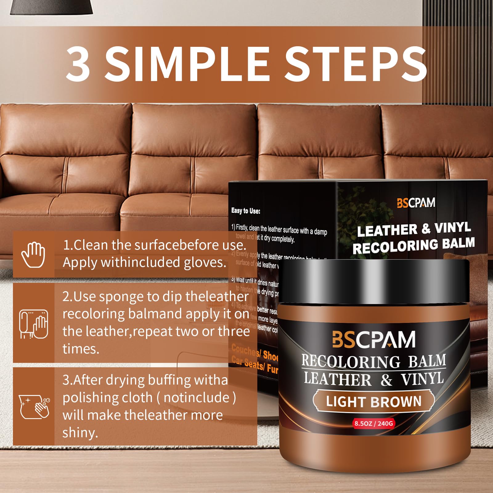 Light Brown Leather Recoloring Balm,8.5oz Leather Sofa Scratch/Stain Remover,Leather Repair kit for Vinyl Furniture and Car Interior,Leather Dye Paint for Scratched and Faded,Leather Color Restorer — view 5