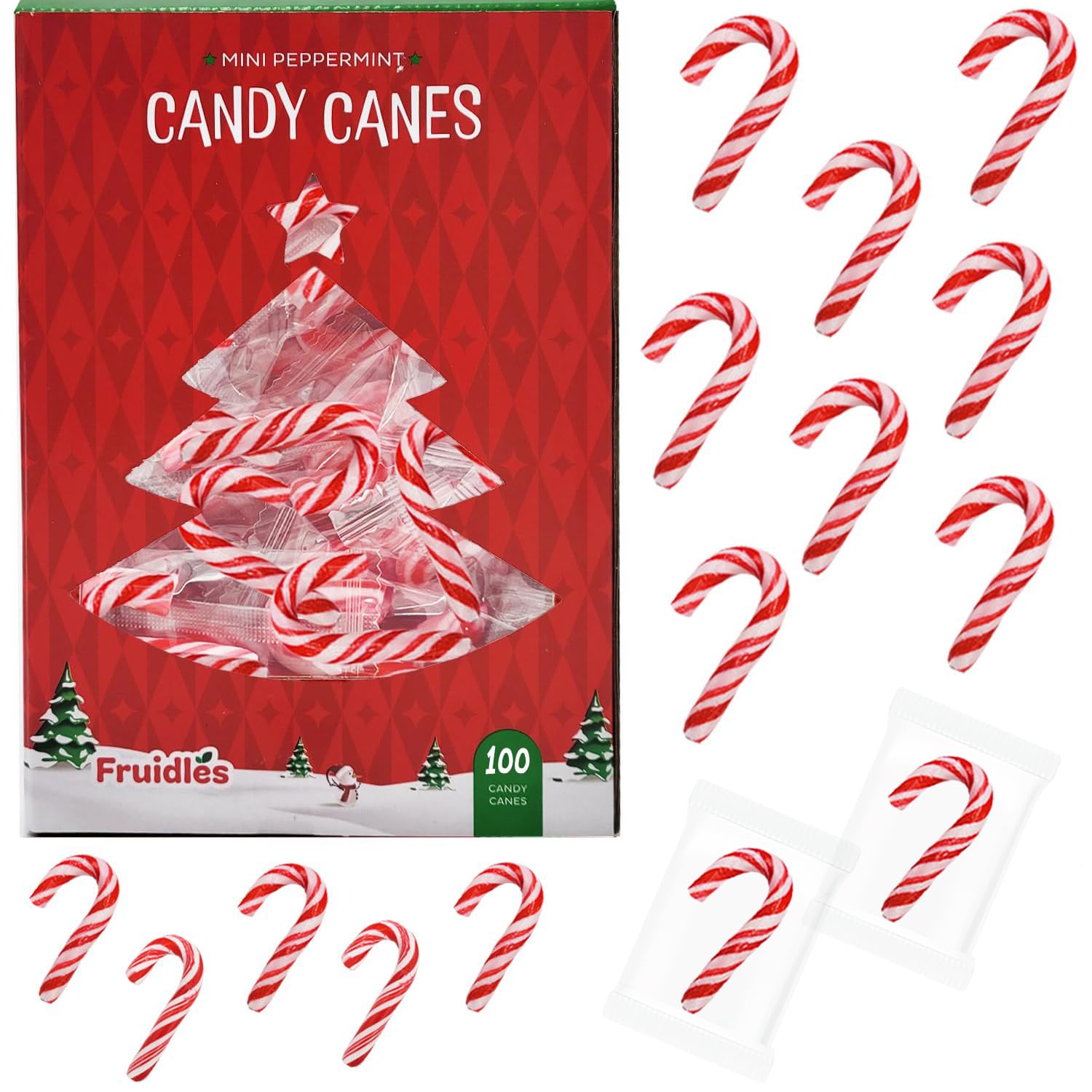 Fruidles Christmas Mini Candy Canes 100 Pack Peppermint Flavor, Individually Wrapped, 2" Inch,