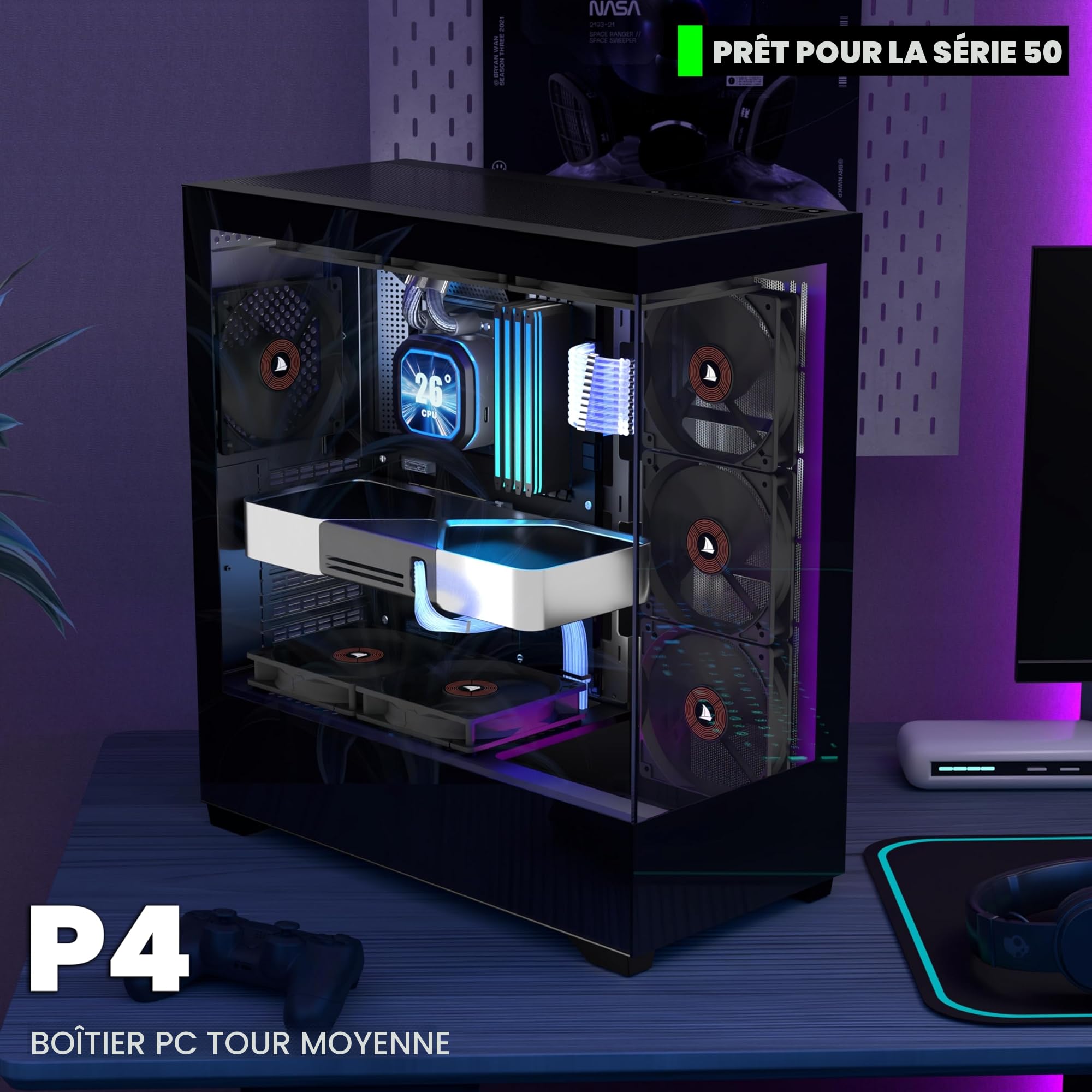 KEDIERS Boîtier PC ATX avec 4 Ventilateurs Préinstallés, Boîtier Ordinateur Moyen Tour avec Double Vitre Trempée Panoramique, Boîtier PC Gamer, Noir, Modèle P4
